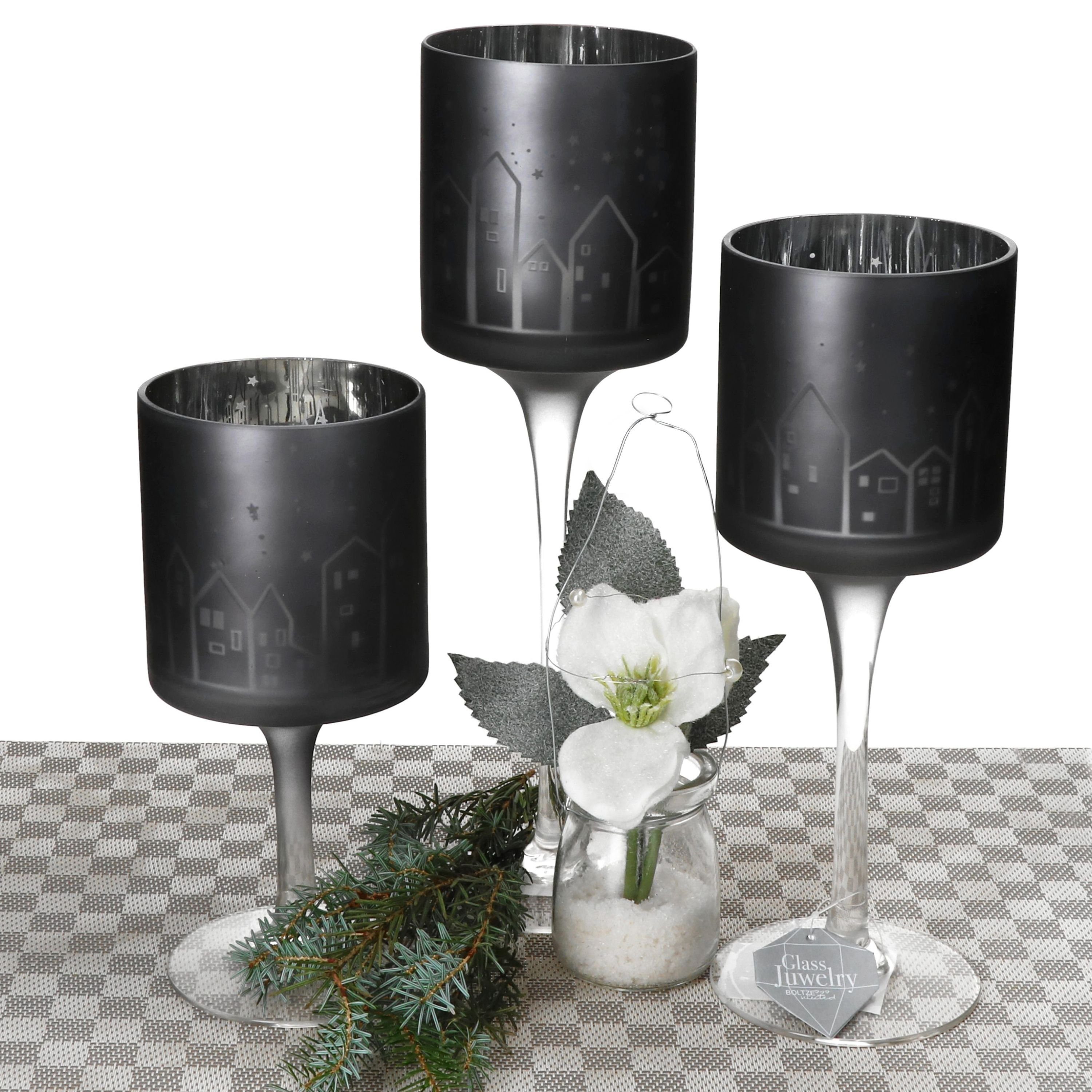 matt Minou Windlicht Weihnachten 3tlg Set Kerzenständer MamboCat Fuß Teelichthalter grau mit