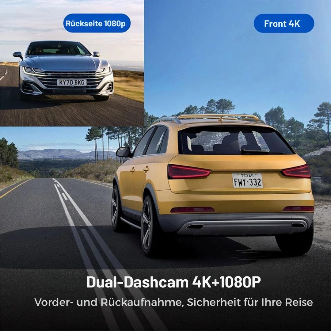 Goldstern-Tech Dashcam (4K Ultra HD, WLAN (Wi-Fi), Dual-Kamera Autokamera Set – Front- & Rückansicht in HD, GPS, WLAN, Nachtsicht & Parkmodus mit 32GB SD-Karte)
