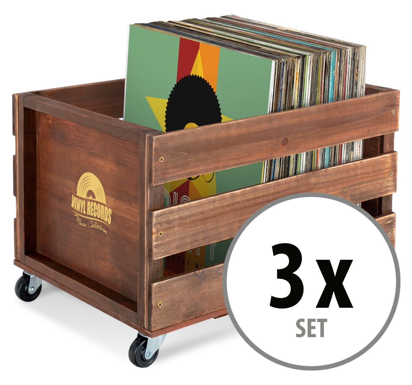 Stagecaptain Holzkiste Emil 3er-Set Schallplattenkisten Holz Braun für bis zu 300 LPs (Spar-Set, 3 St., Aufbewahrungskisten für Schallplatten und mehr), für bis zu 100 LPs - aus Vollholz im Retro-Design