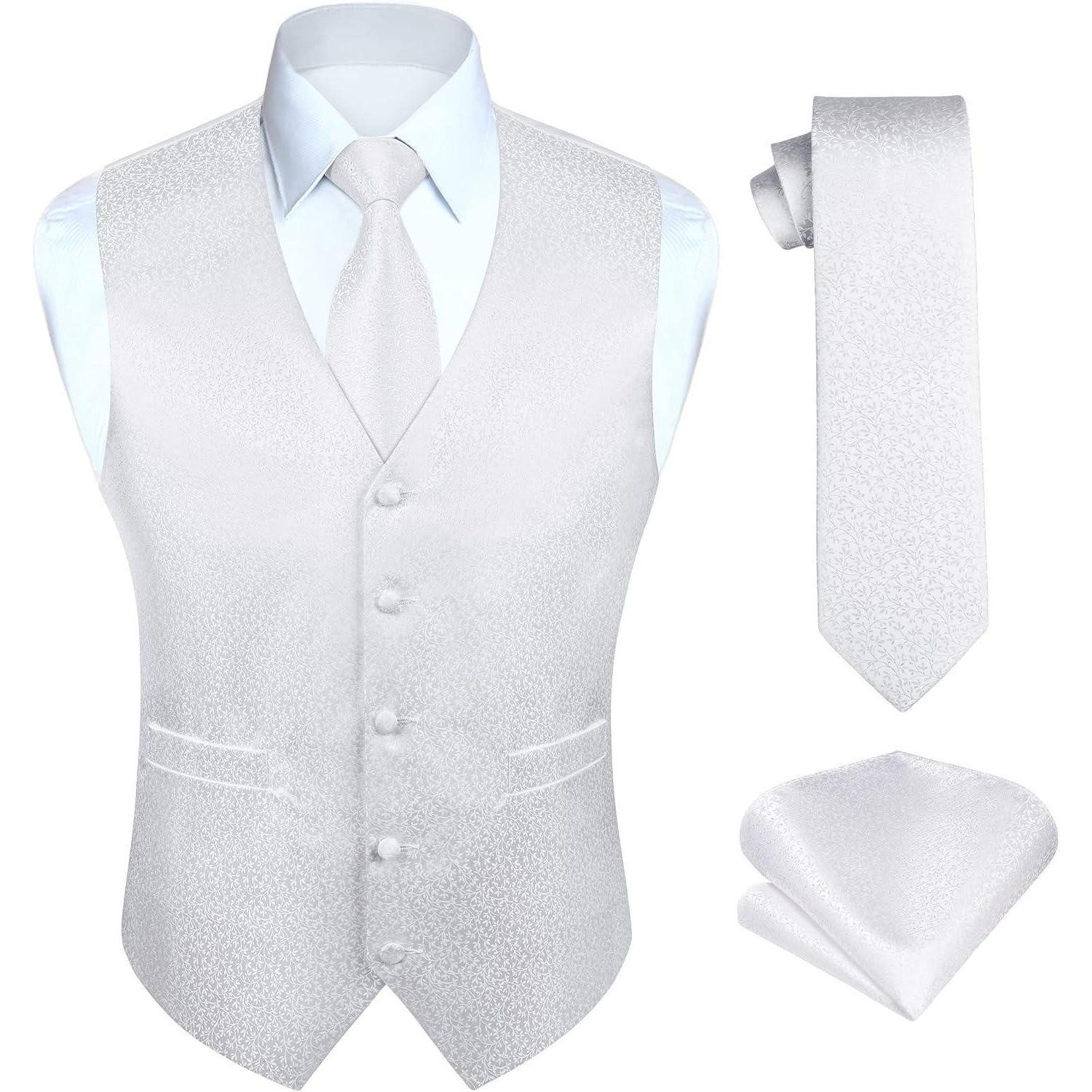 LuxusKollektion Krawatte Weste Herren Hochzeit Anzugset Krawatte Einstecktuch Floral XXL Weiß 1