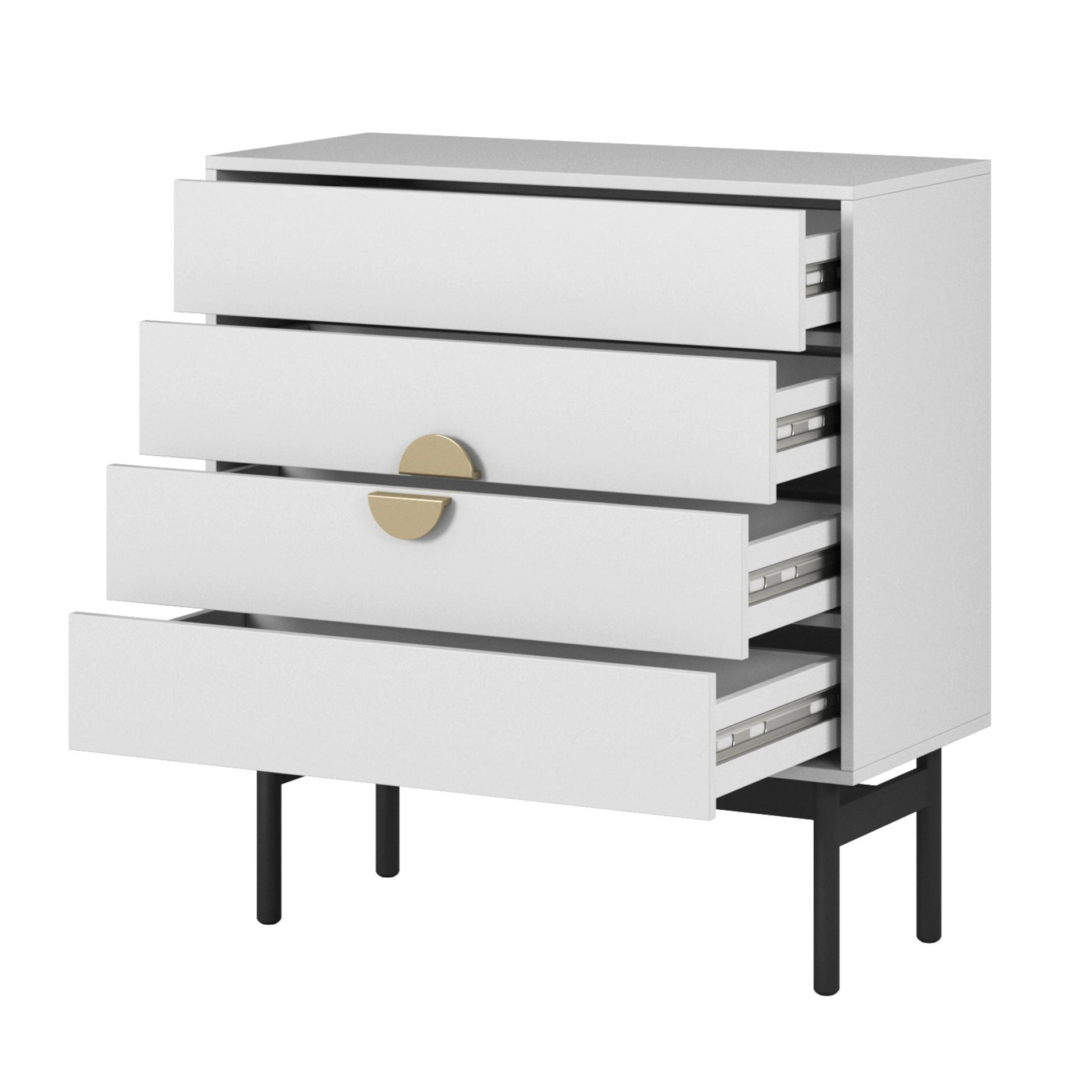 Selsey Kommode STOON II, Vier Schubladen, zeitloses Weiß, elegante Kombigriffe in Gold.