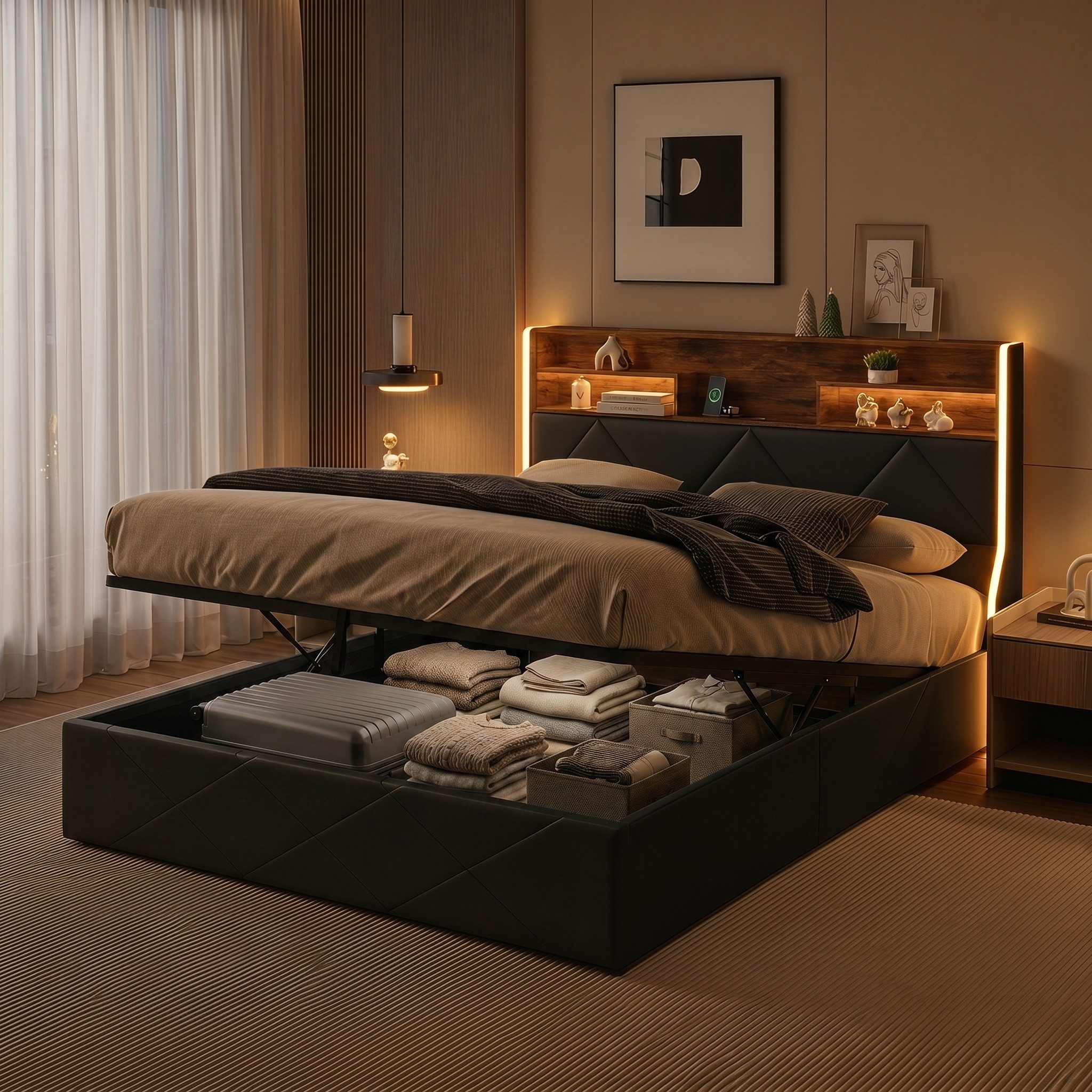 PXloue Polsterbett Stauraumbett Geeignet für kleine Wohnungen (Kopfteil mit 2 USB-Anschlüsse und 1 Typ-C-Ladeport), Hydraulisches Doppelbett, mit LED-Leisten, PU, 140x200