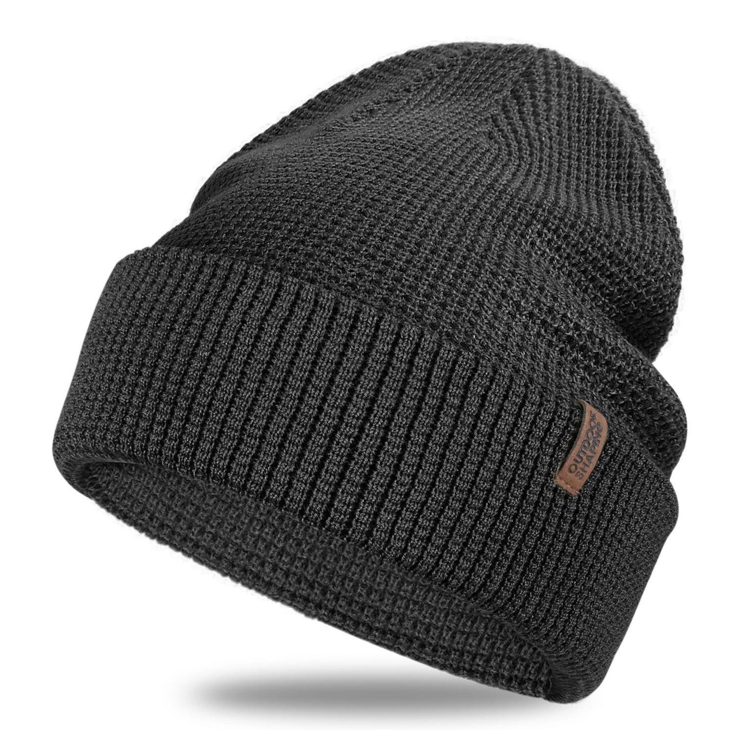 Strickmütze Beanie Merinowolle Herren Damen Bündchen Outdoor Logo Schwarz