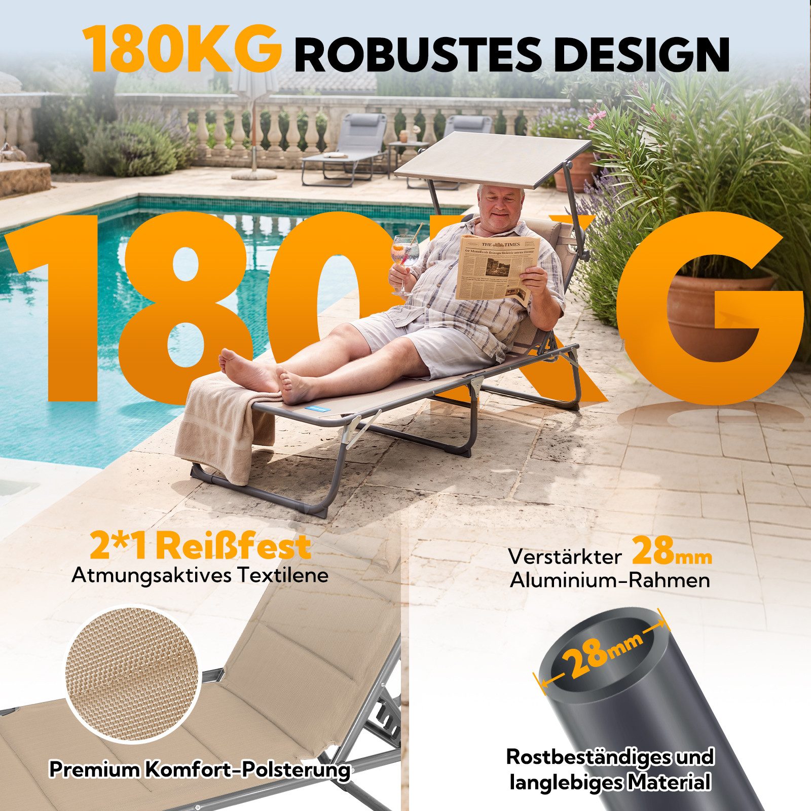 HOMECALL Gartenliege Sonnenliege AluLiege Liegestuhl Strandliege Liegen wetterfest, klappbar, Textilene Mit Dickemschnelltrocknende Schaumstoffpolsterung, Verst – Bild 4 von 5