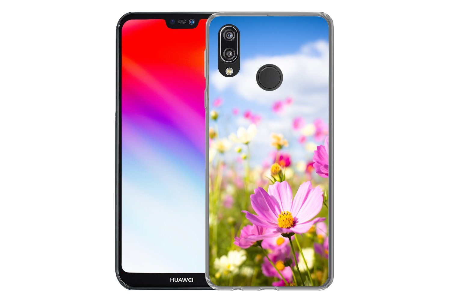 MuchoWow Handyhülle für Huawei P20 Lite (2020) Blumen - Wiese - Lila - Gras - Weiß - Wolke, Handy Case, Silikon, Bumper Case Dünn