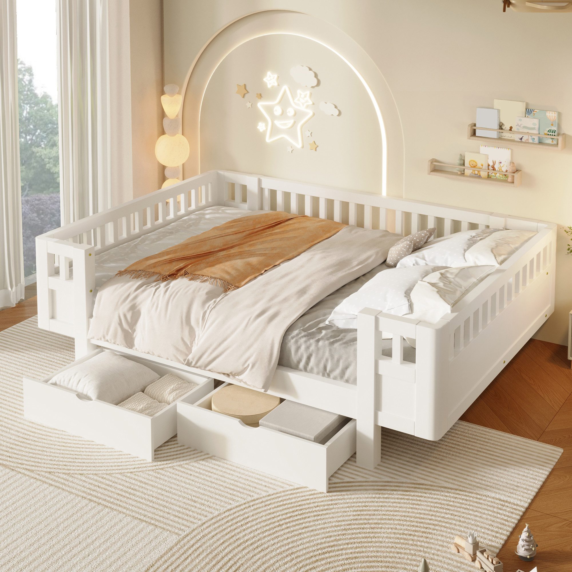 STILVORA Stauraumbett 140×200 mit Stauraum Plattformbett Funktionbett, ohne Matratze (Einzelbett, Massivholz, 2 Schubladen, Schutzgitter, hohe Absturzsicherung, 2 Auszüge, stabil), Für Kinderzimmer, Jugendzimmer, Gästezimmer