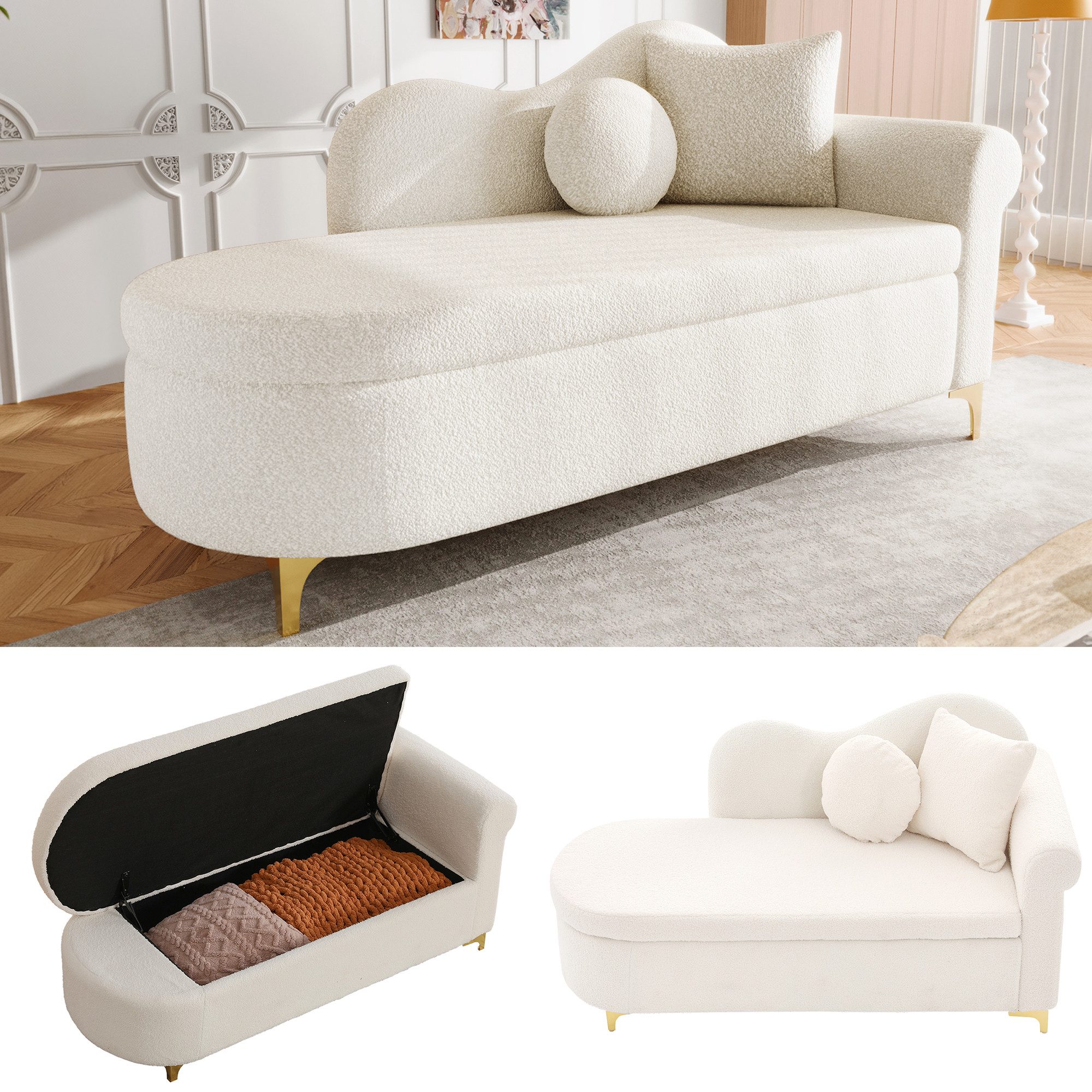 REDOM Chaiselongue Beistell-Liege 134x64x70 cm mit Stauraum, modernes Design, Teddyplüsch-Bezug, wellige Lehne, komfortable Polsterung 1 Teile, Inklusive 2 Kissen, ideal für Wohnzimmer & Leseecke