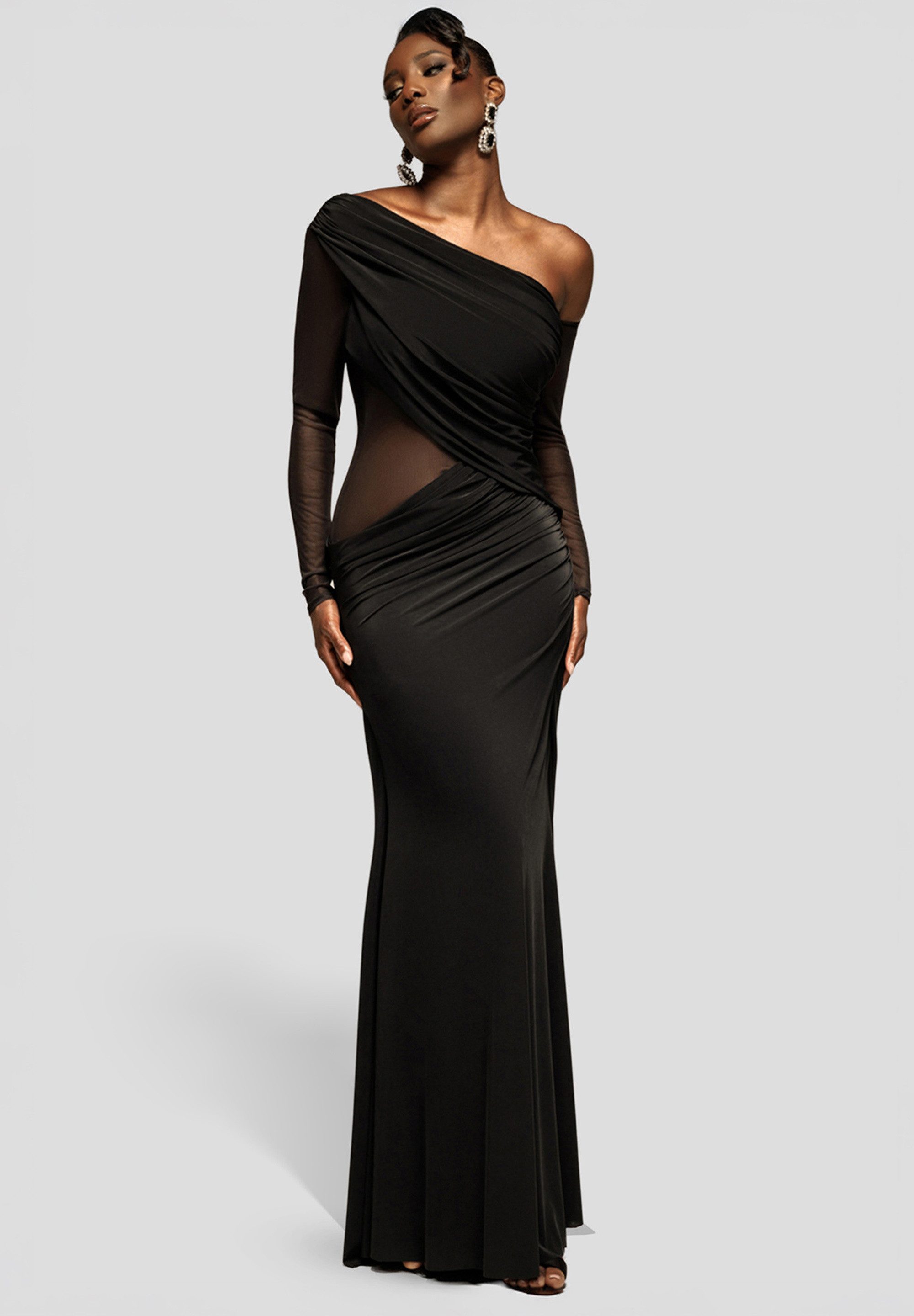 Goddiva Maxikleid Gathered Cowl Asymmetric Mesh And Soft Touch Maxi Dress L günstig online kaufen