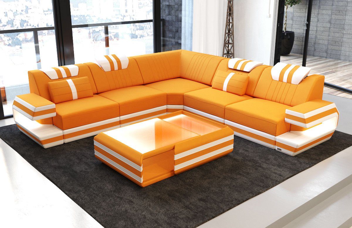 Sofa Dreams Ecksofa Design Polsterstoff Sofa Ragusa L Form M Mikrofaser Stoffsofa, Couch wahlweise mit Hocker apricot-weiß