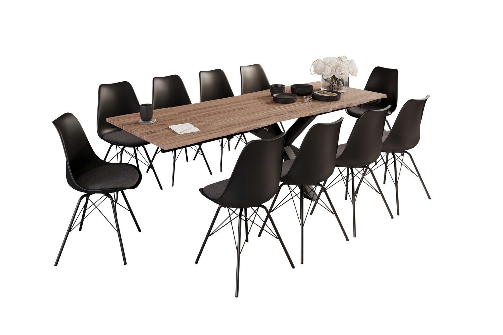 Essgruppe Stühlen Baumkante, 10 Halawa, Akazienholz 2x und Ansteckplatten SAM® massiv,