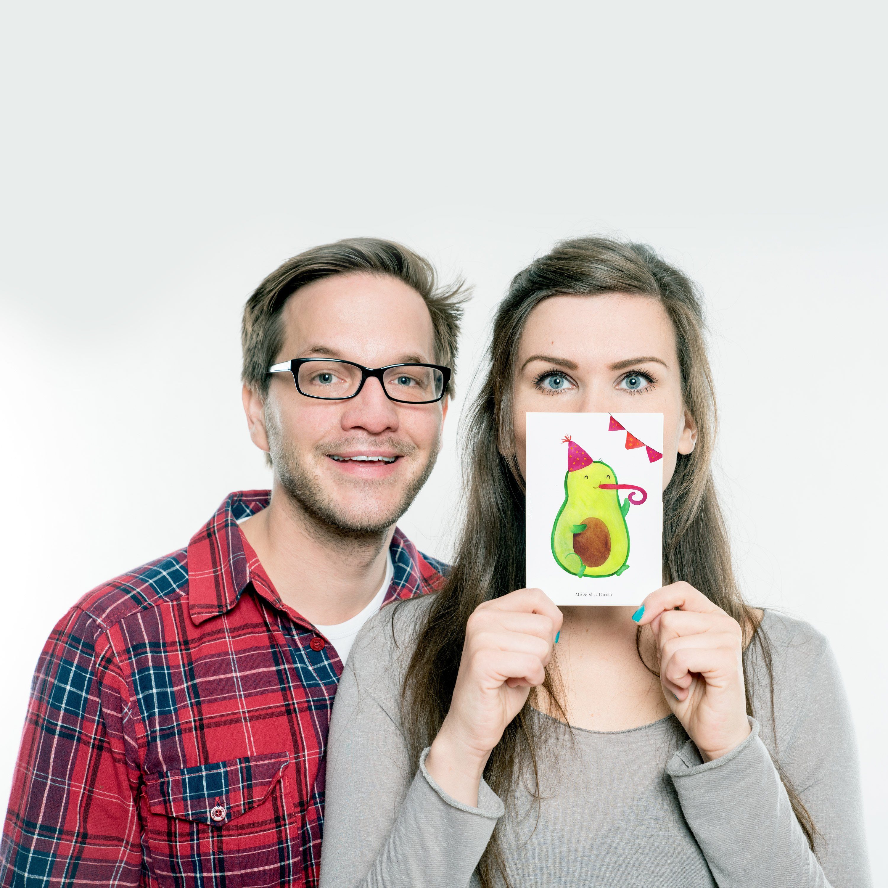 Mr. & Mrs. Panda Postkarte Avocado Birthday - Weiß - Geschenk, Geschenkkarte, Überraschung, Fruc