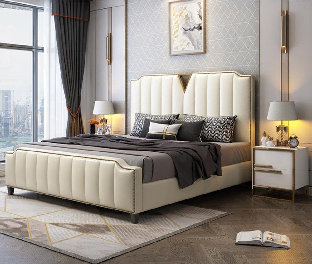 JVmoebel Bett Beiges Luxus Doppelbett aus Kunstleder mit Holzgestell (1-tlg., Nur Bett), Made in Europa