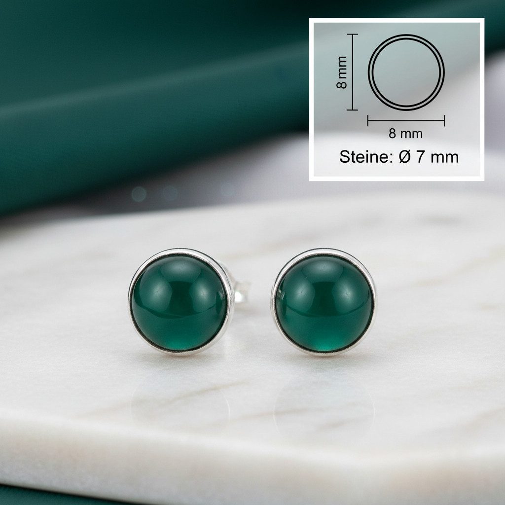 mantraroma Paar Ohrstecker SAMA rund medium aus 925 Silber mit grünen Onyx (Paar, Paar Ohrringe mit Schmuckbeutel), 925 Sterling Silber Ohrringe für Damen