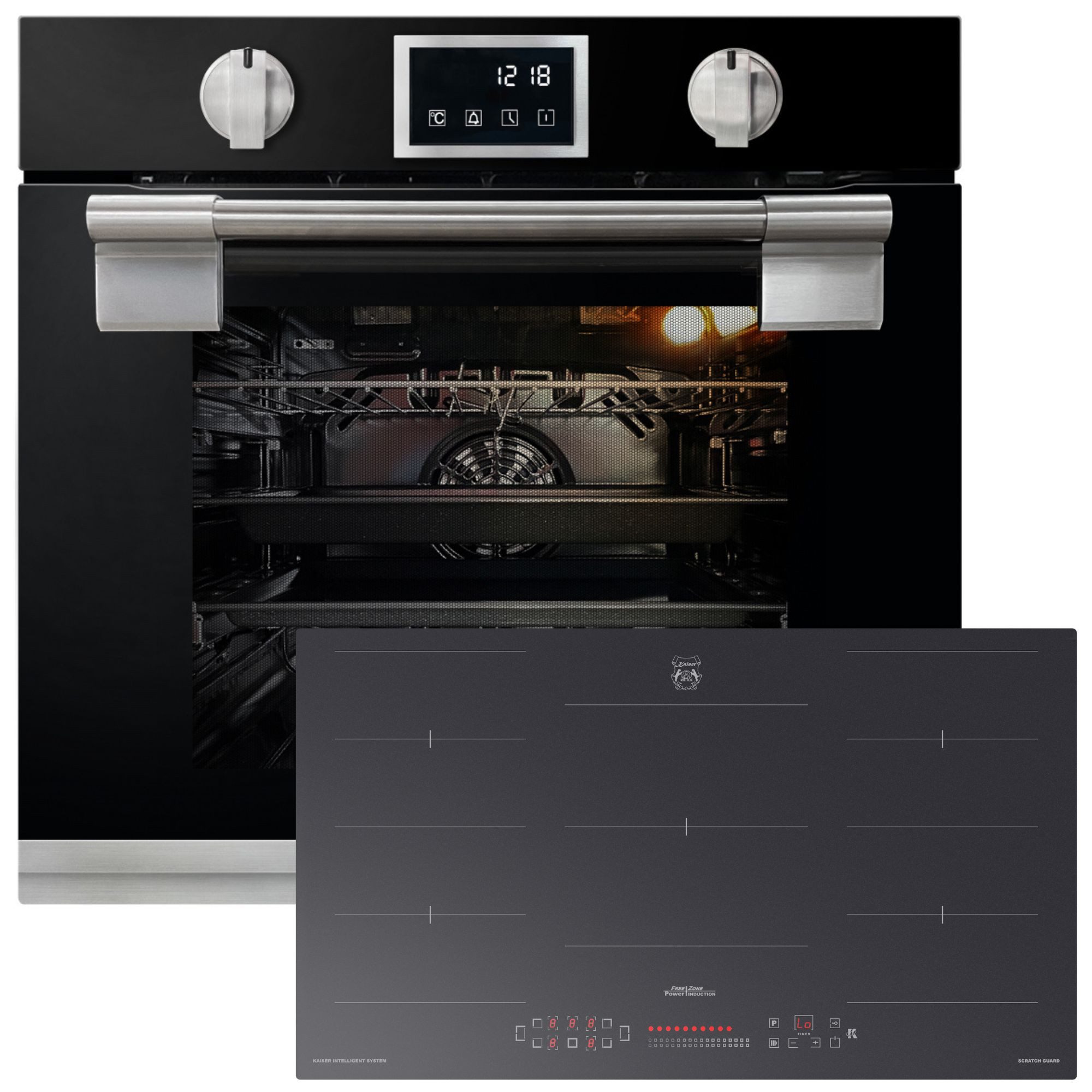 Kaiser Küchengeräte Backofen-Set XXL Backofen 73 Liter, Induktionskochfeld 90 cm EH6338S+KCT 9110 FI, mit 2-fach-Teleskopauszug, Pyrolytische Selbstreinigung, FlexInduktion, Pyrolyse, Einbauherd 60 cm, 90 cm Kochfeld