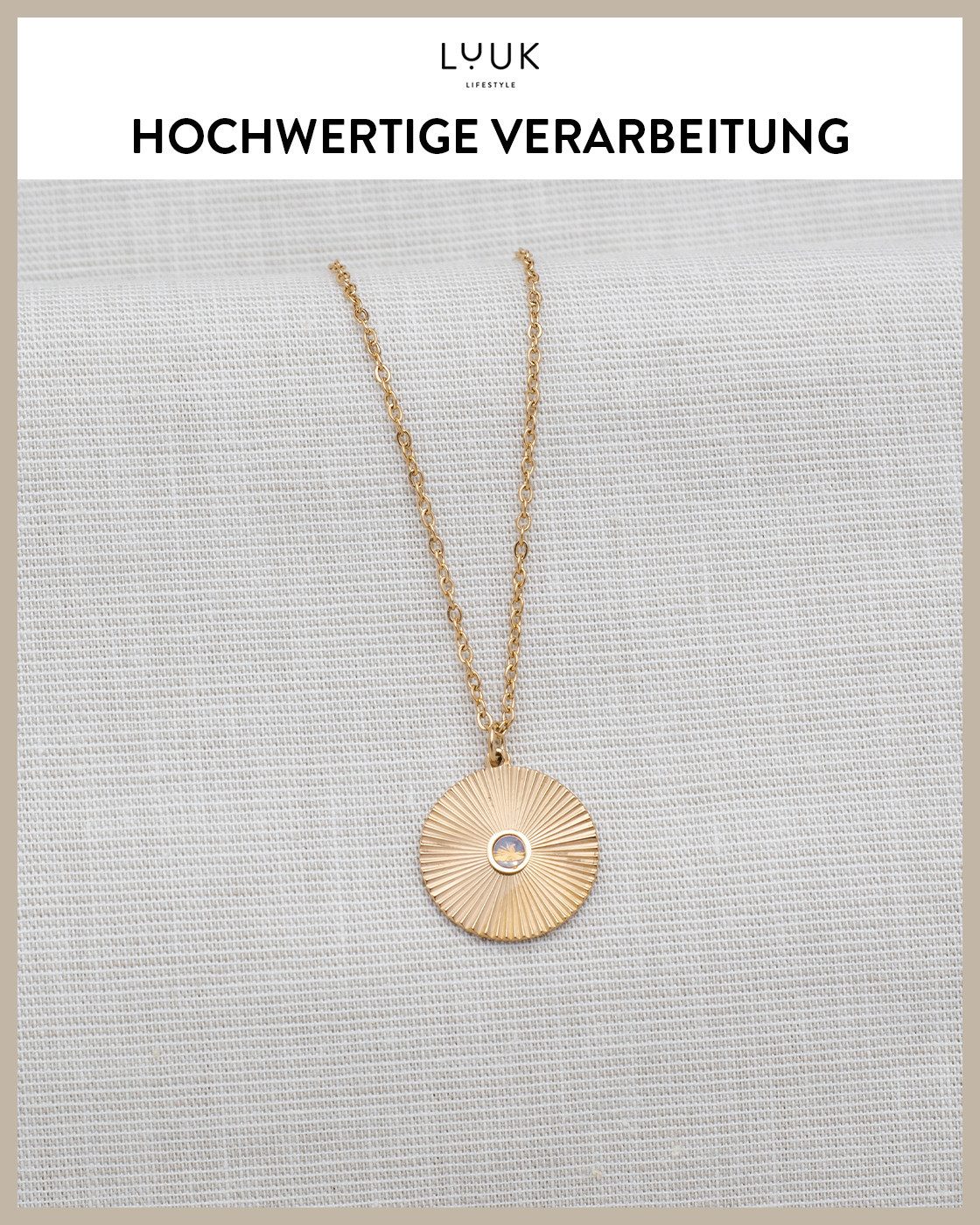 LUUK LIFESTYLE Kette mit Anhänger Geriffelte Münze, mit HAPPINESS Spruchkarte, stylisch und modern