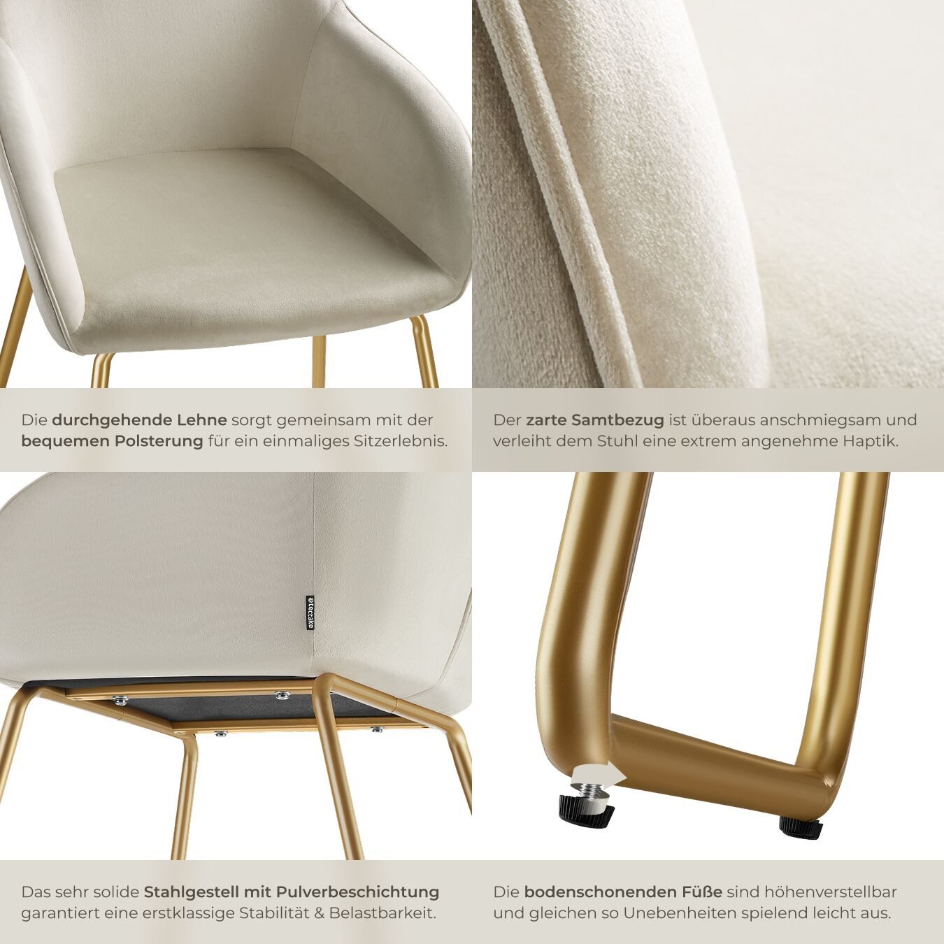 tectake Esszimmerstuhl Polsterseesel in Samtoptik, Belastbarkeit 120 kg, 57 x 61 x 85,5 cm (Küchenstuhl Jeane in Samtoptik creme/gold, 6 St), höhenverstellbare  – Bild 5 von 5