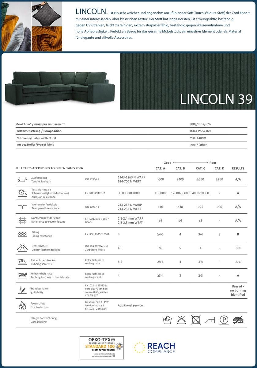 L-Form aus montierbar, Velourstoff, Ecksofa 39) (lincoln Wohnzimmer, Eckcouch rechts Grün Polstersofa oder Beautysofa Cord-Struktur links mane für Clio,