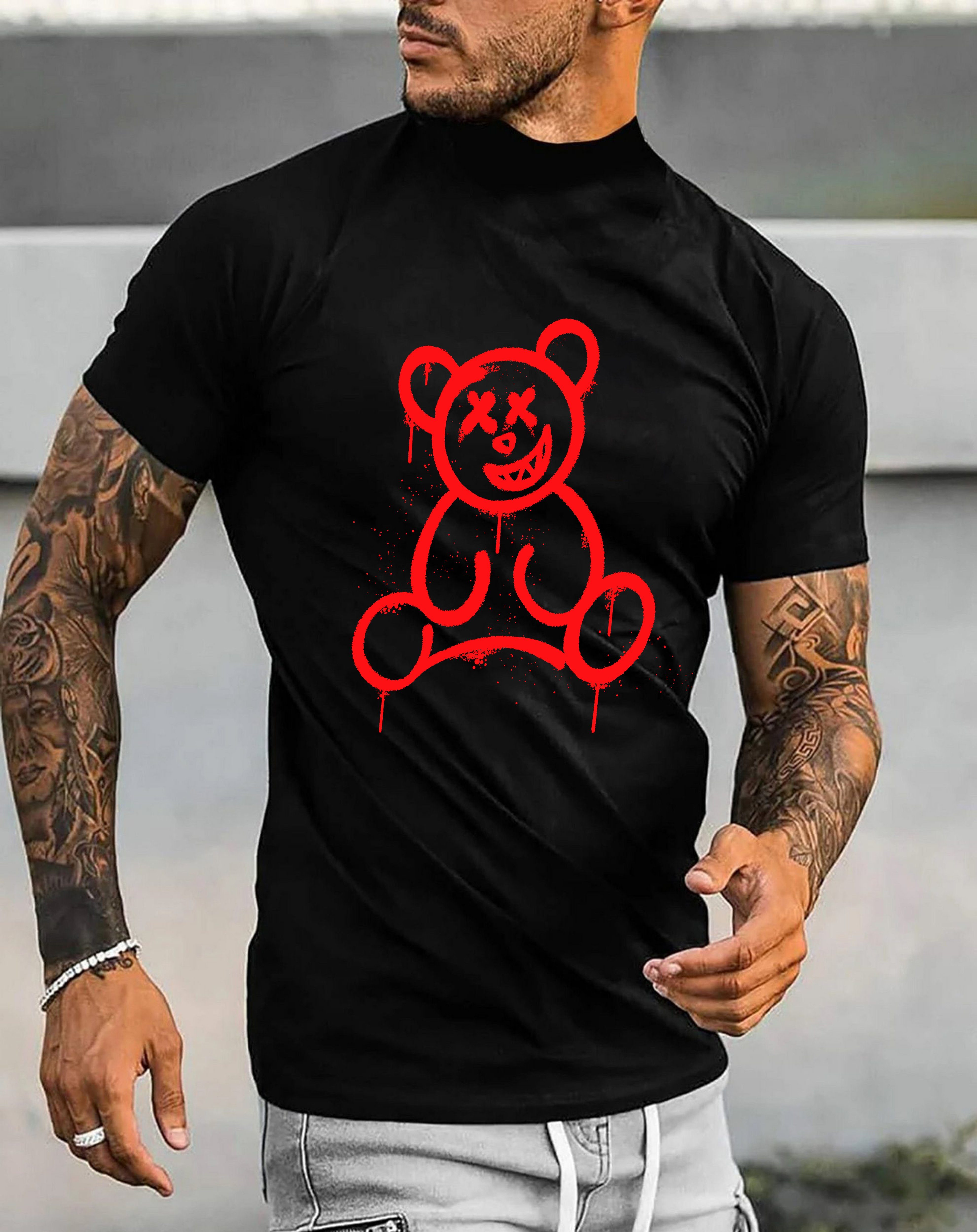 Herren Shirt mit Smiley Bärendruck Unifarbe, Baumwolle, in Schwarz-Rot lizenziertem Print aus RMK T-Shirt mit Bear