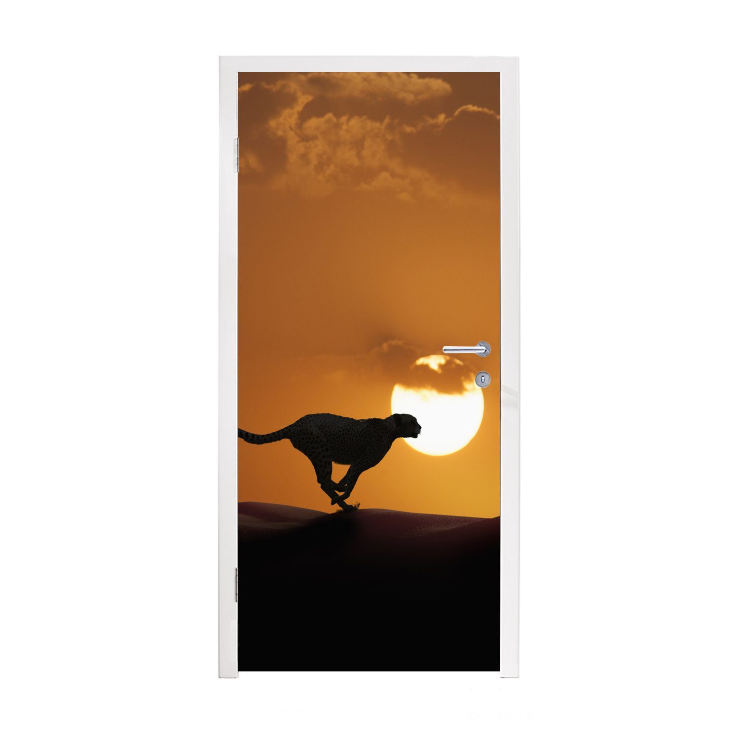 MuchoWow Türtapete Silhouette eines Geparden in der Wüste, Matt, bedruckt, (1 St), Fototapete für Tür, Türaufkleber, 75x205 cm