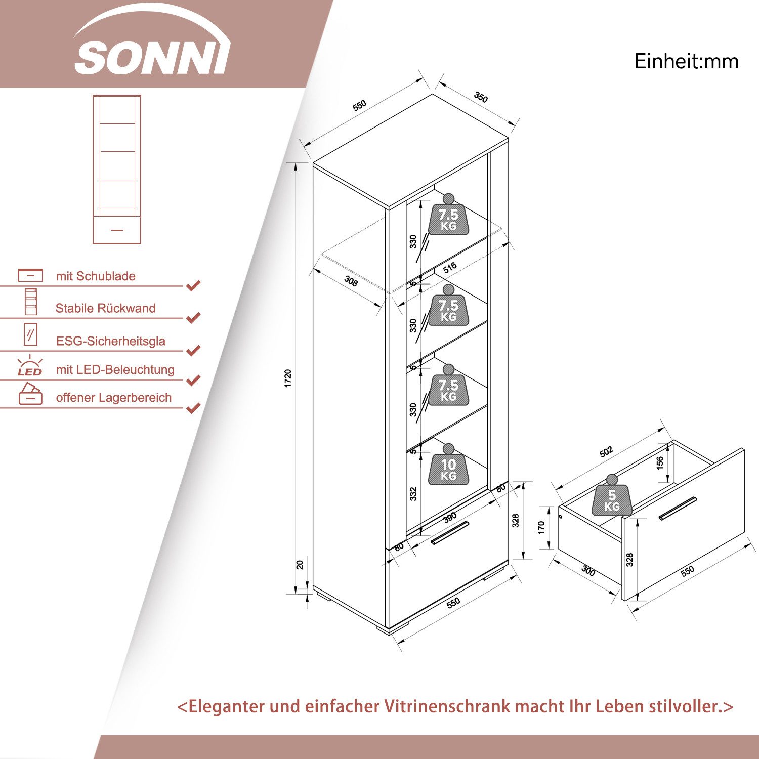 SONNI Glasvitrine Glasvitrinen mit led beleuchtung,55x35x172cm,weiB hochglanz Modern