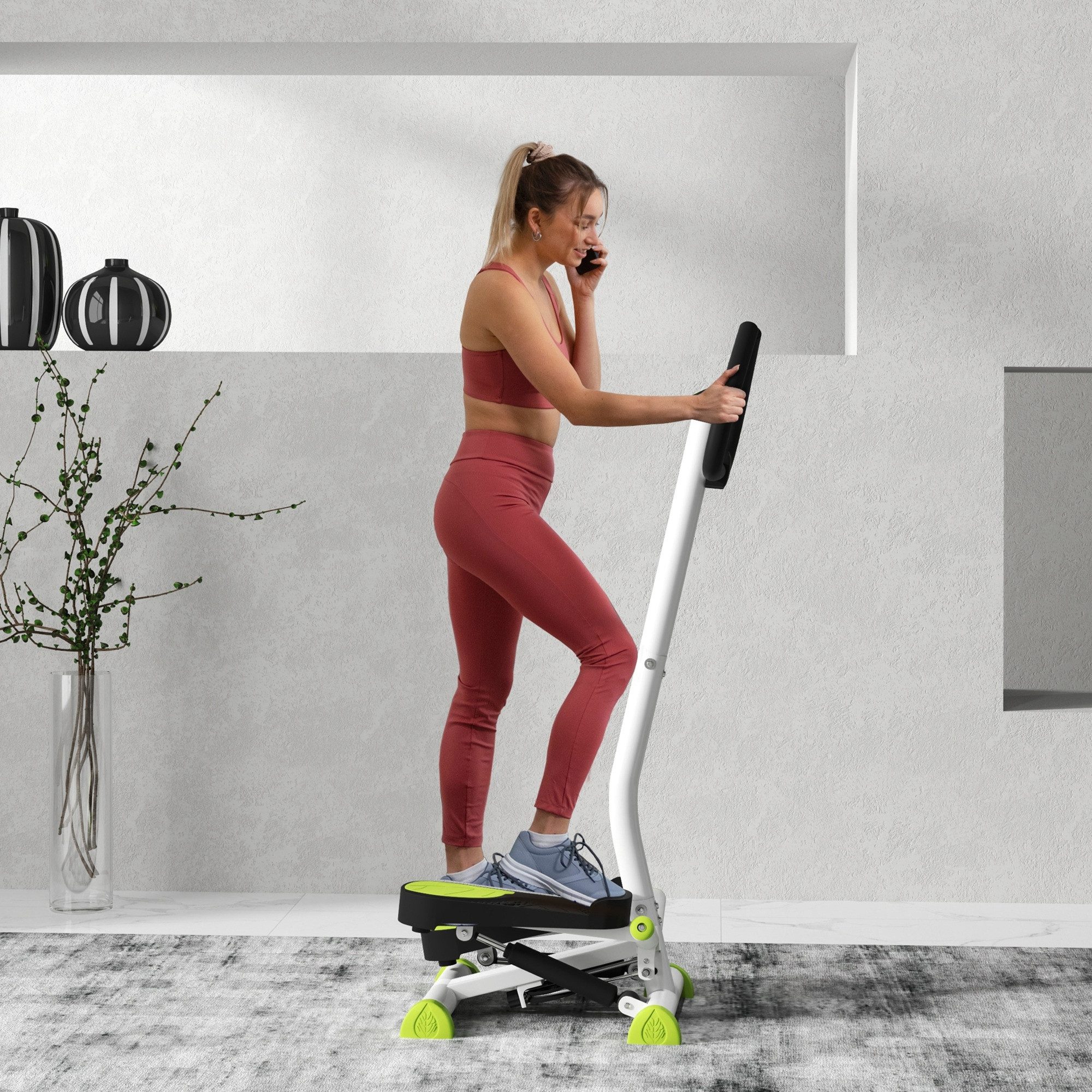 HOMCOM Stepper Fitness Swing Stepper mit LCD-Schirm und Handgriff Grün (Hometrainer für Zuhause, 1-tlg., bis 100 kg), Stahl, ABS, 55cm x 44cm x 108cm