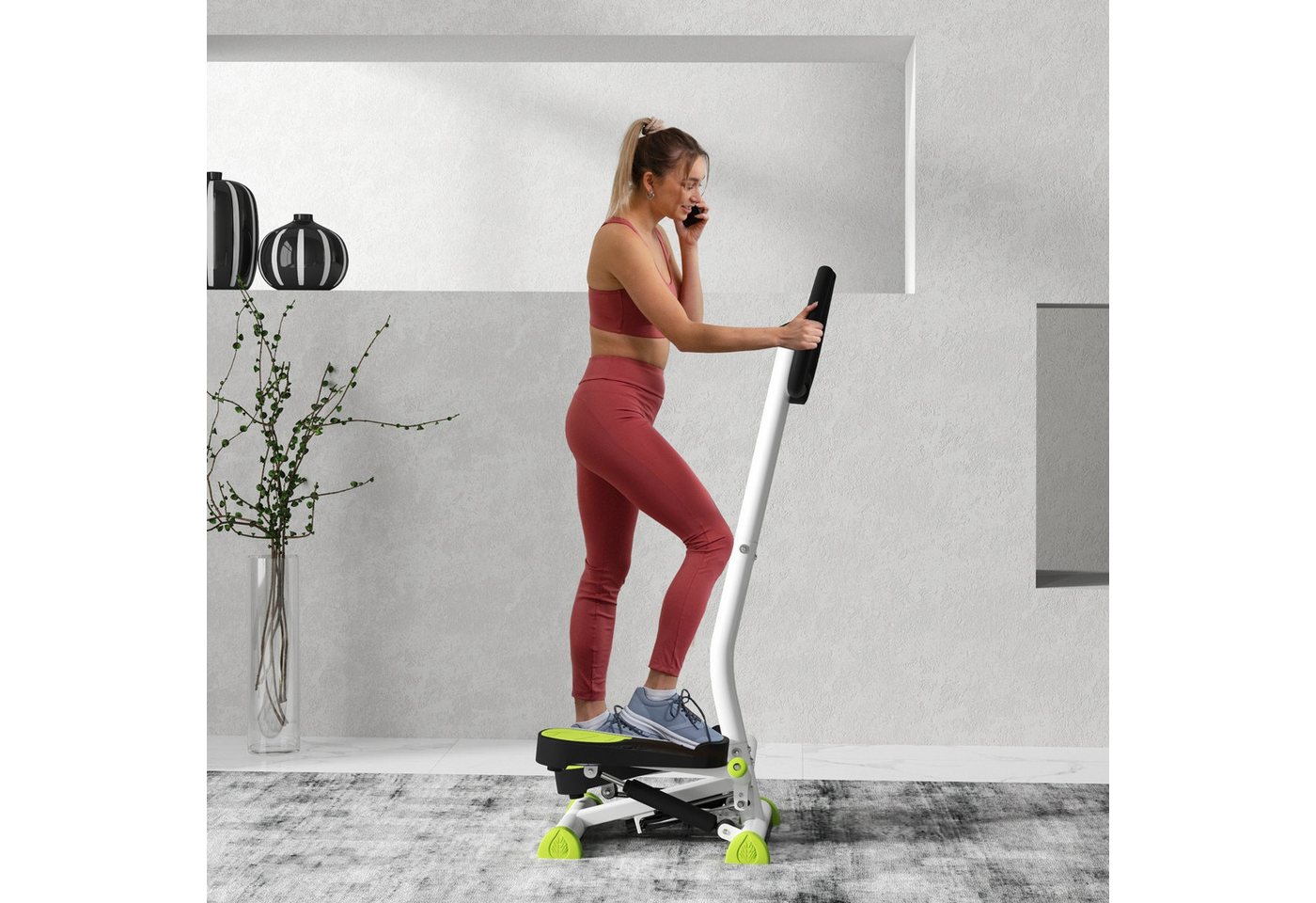 HOMCOM Stepper Fitness Swing Stepper mit LCD-Schirm und Handgriff Grün (Hometrainer für Zuhause, 1-tlg., bis 100 kg), Stahl, ABS, 55cm x 44cm x 108cm