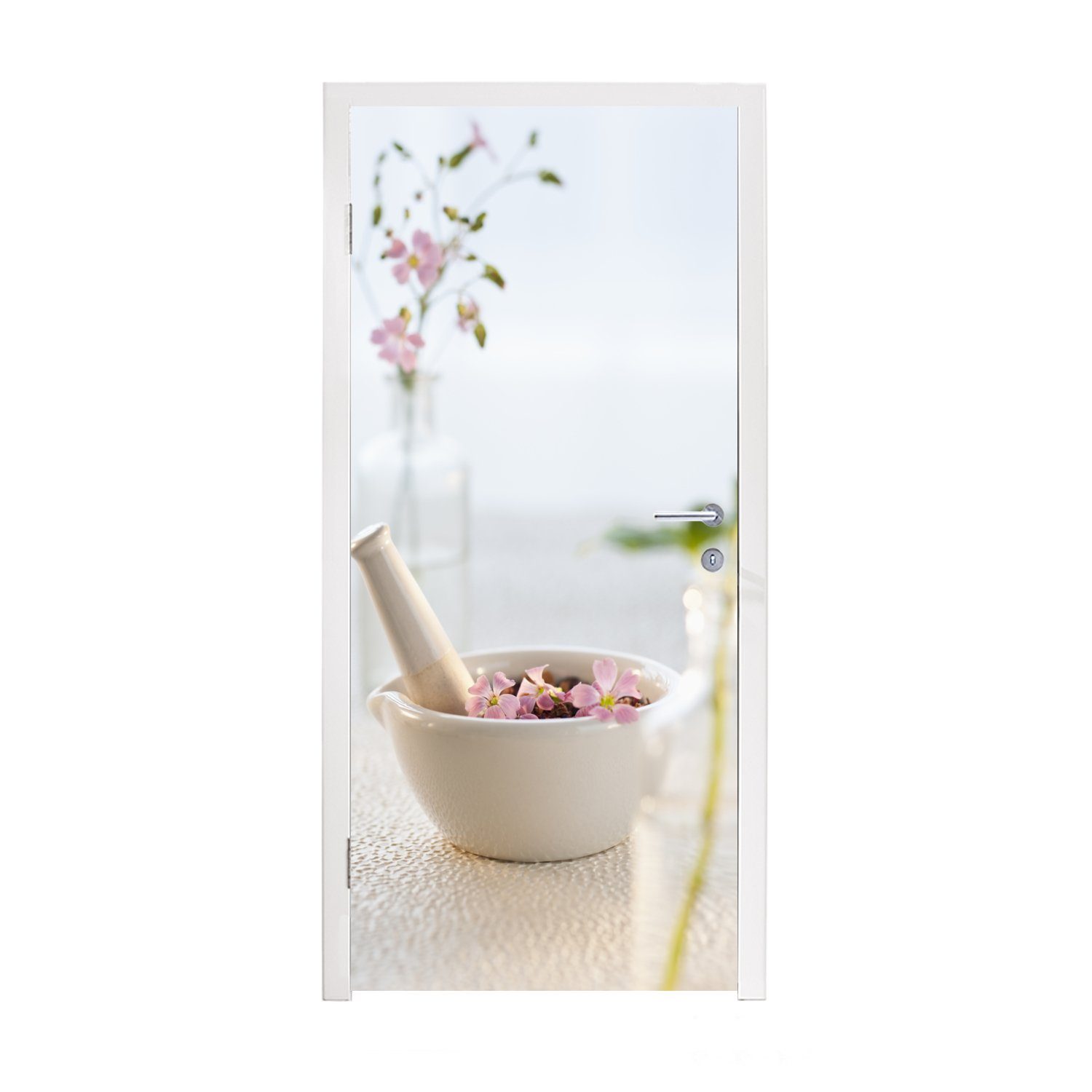 MuchoWow Türtapete Türaufkleber, bedruckt, Fototapete Tür, für Ein (1 mit rosa Mörser St), 75x205 Matt, cm Blütenblättern