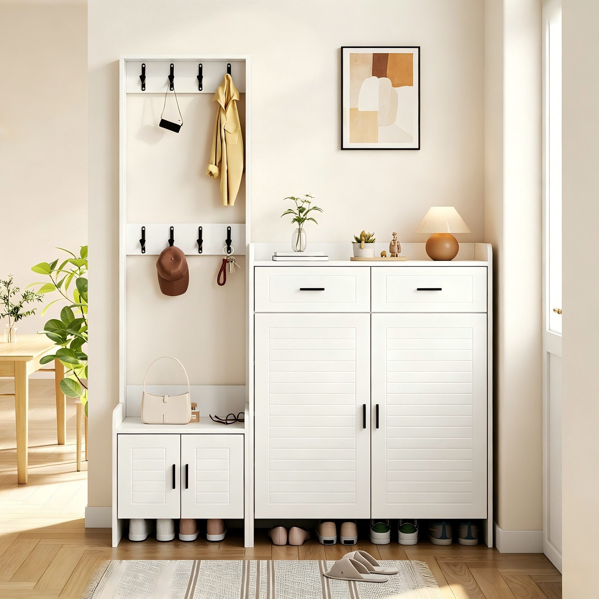 BlingBin Garderoben-Set 125x36x165 cm Garderoben- und Schuhschrank-Set mit 2 Schubladen, (1er Set, 1-St., Kompaktgarderobe, Wandgarderobe), Flurgarderobe Set mit 6 Ablagen & 8 Haken für Eingangsbereich, Weiß