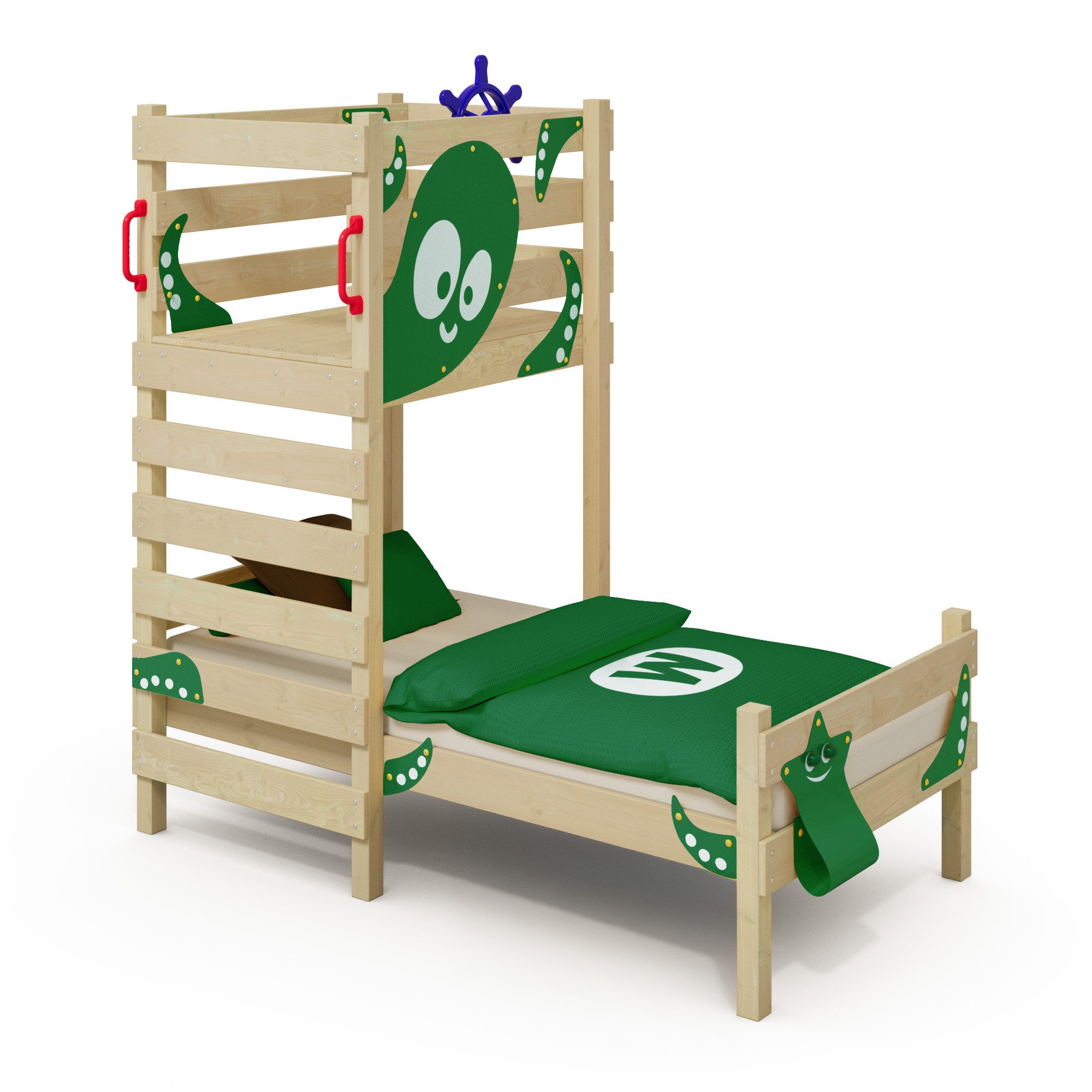Wickey Kinderbett Crazy Octopus Spielbett 90x200 cm mit Podest und Kletterleiter (Set, individuell gestaltbar - stabil und alltagstauglich), Kinderbett aus Massivholz 90x200 cm