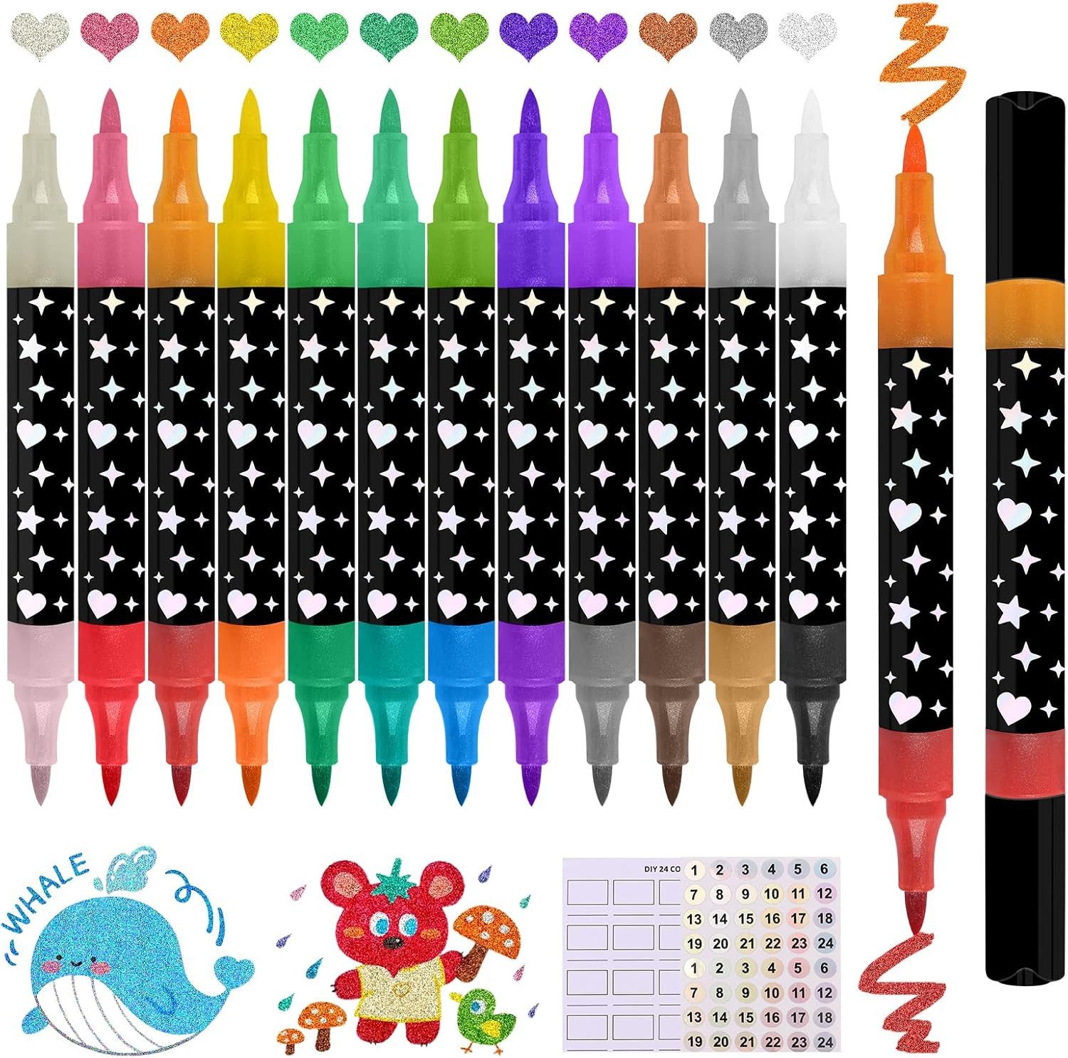 FELIXLEO Buntstift Funnasting 24er Glitzerstifte Set 12er Doppelspitze Metallic Marker, (1-tlg)