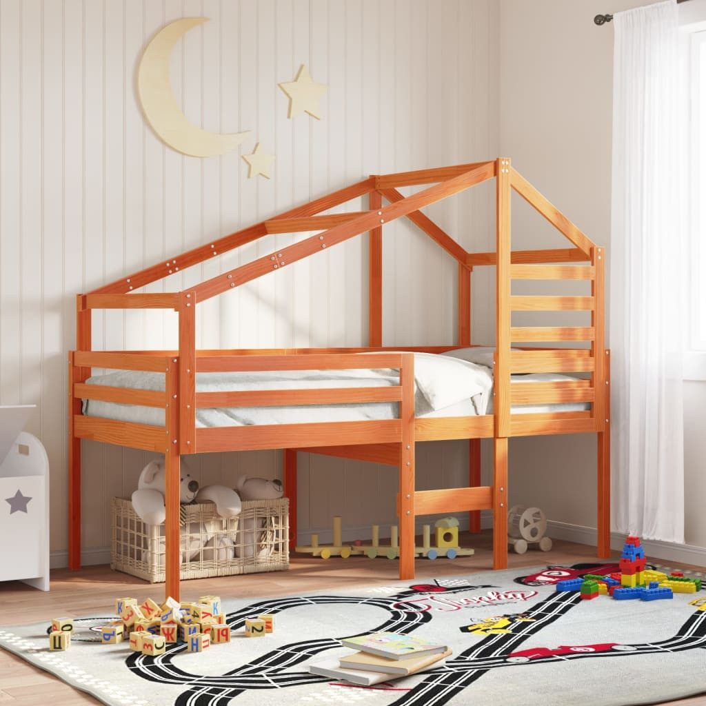vidaXL Bett, Hochbett mit Dach Wachsbraun 90x200 cm Massivholz Kiefer günstig online kaufen