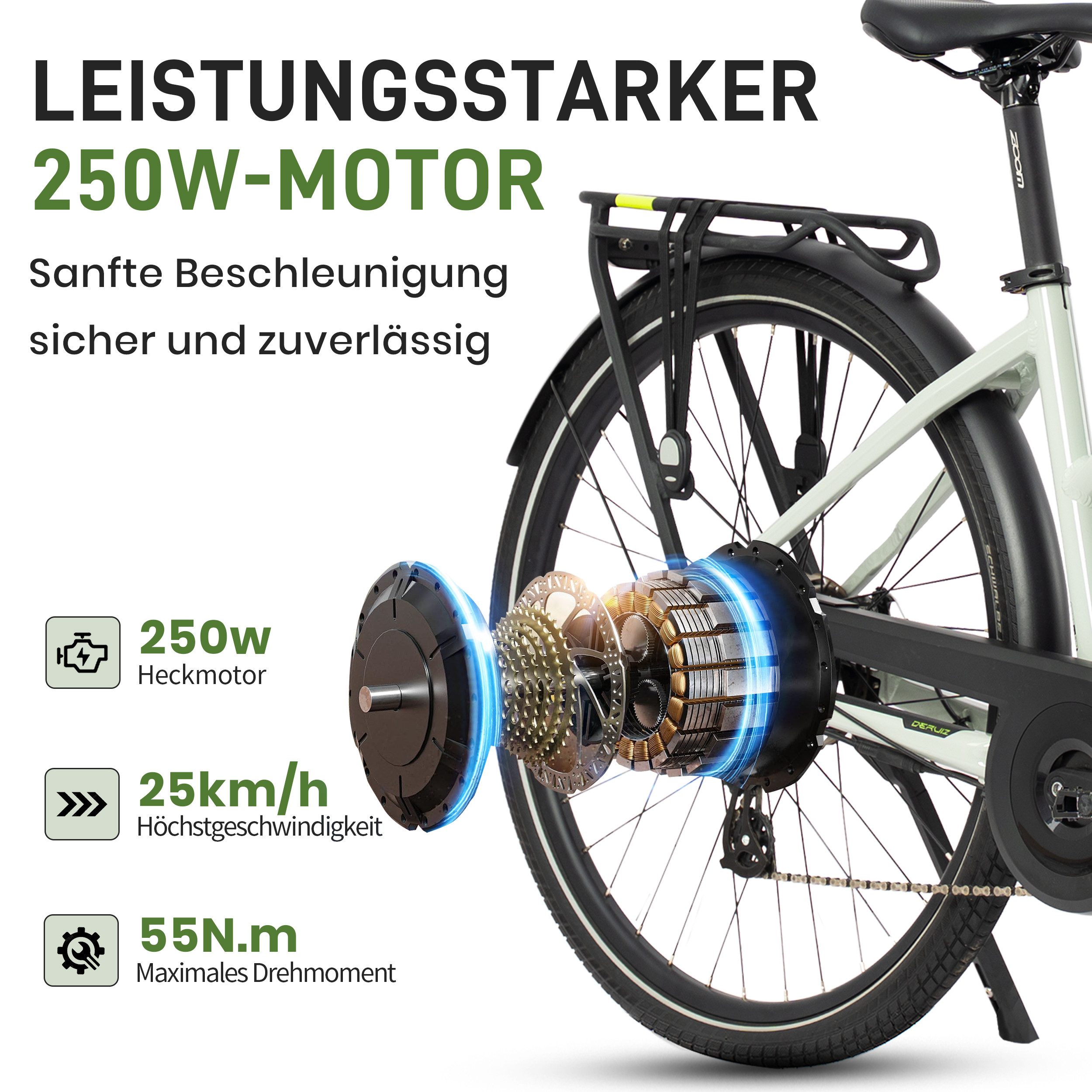 DERUIZ E-Bike Cityrad 28 Zoll, 120 km Reichweite, Lockout-Federgabel, 5 Stufen, Bluetooth, 8 Gang SHIMANO Altus Schaltwerk, Kettenschaltung, Heckmotor, 483 Wh, (Einheitsgröße 44 cm, hydr. Scheibenbremse, Trapezrahmen), Drehmomentsensor, bis zu 170 kg, Elektrofahrrad für Damen Herren