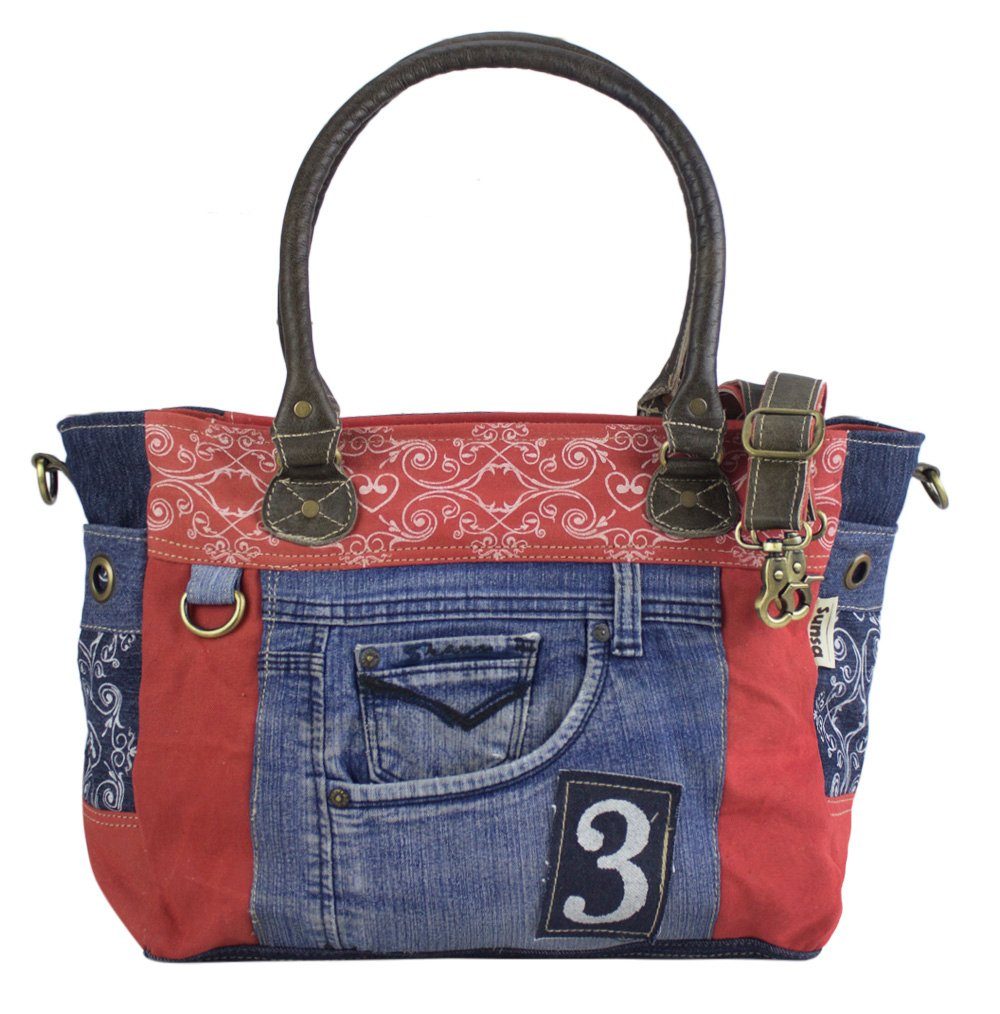 Sunsa Messenger Bag Große Damen Handtasche. XXL Schultertasche aus recycelte Jeans und rote Canvas. Tasche mit Extra verstellbarer Umhänge Gurt, Aus recycelten Materialien