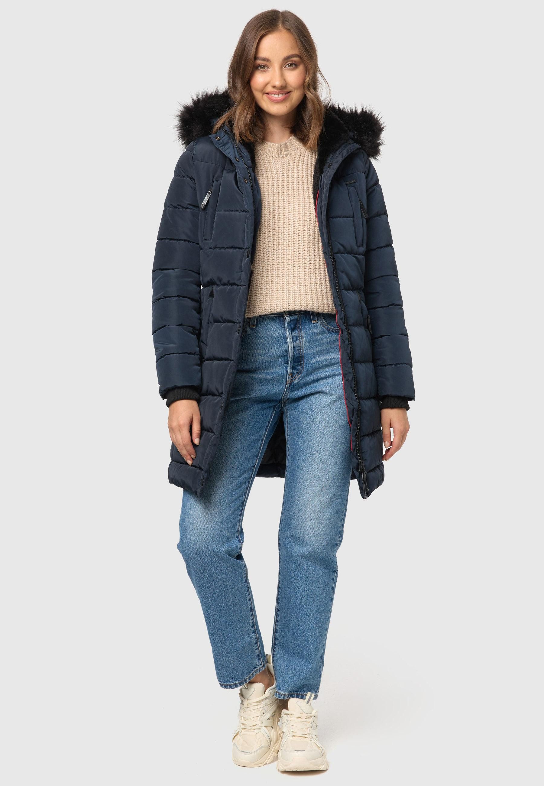 Navahoo Winterjacke Steppjacke lang mit Kapuze – Warm gefüttert Lange Winterjacke mit Teddyfutter und abnehmbarem Kunstfell