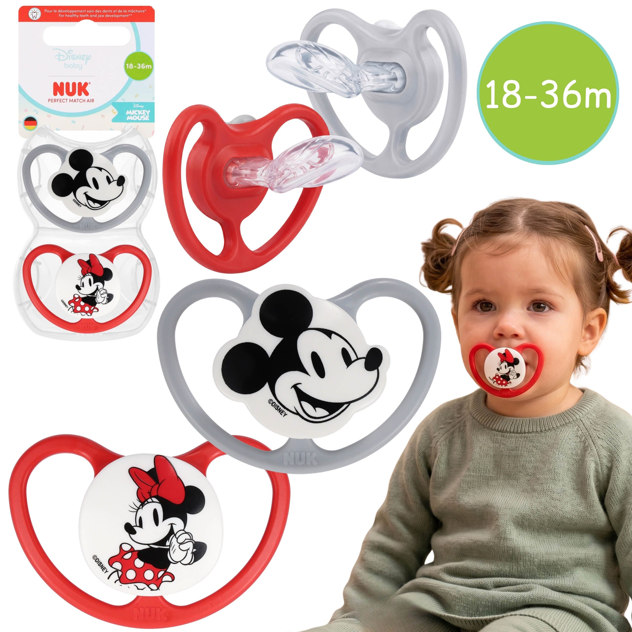NUK Schnuller NUK Mickey Mouse Schnuller 18–36 Monate, Silikon, 2er Set