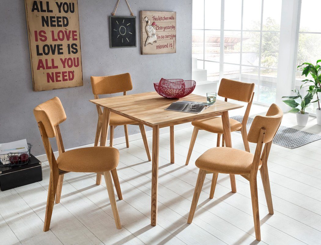 Massivholztisch Eiche expendio + 32 Thiago, cm 3-tlg), Tischgruppe, natur Stühle (komplette Spar-Set, orange Norina Masada 90x90 Essgruppe