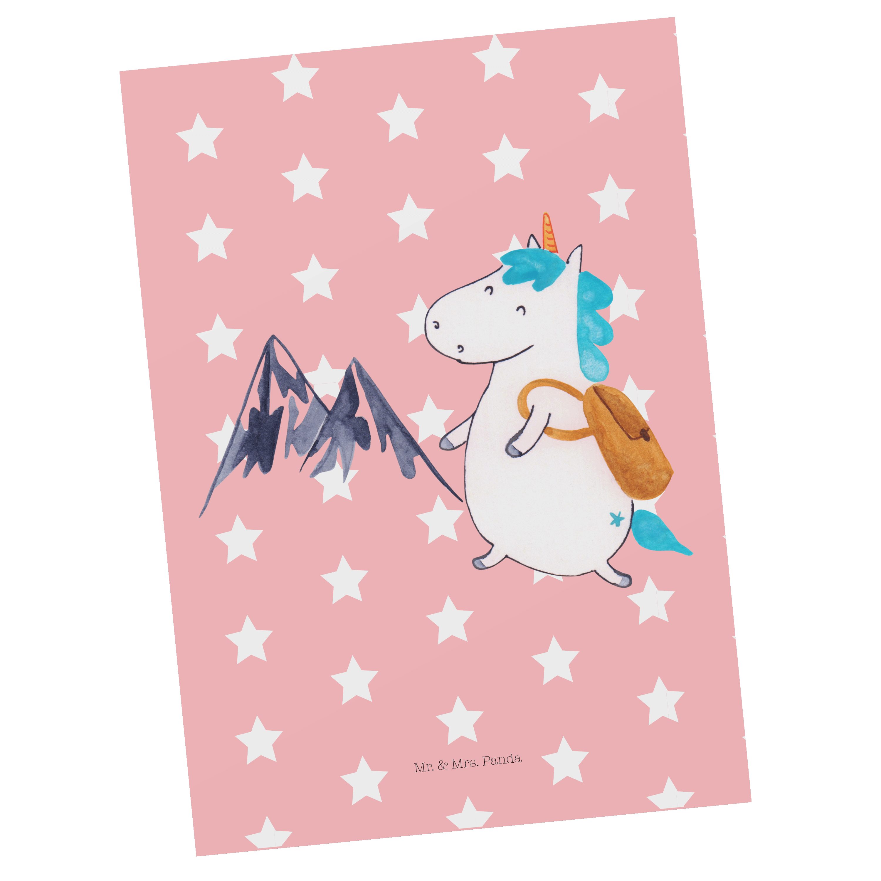 Mr. & Mrs. Panda Postkarte Einhorn Bergsteiger - Rot Pastell - Geschenk, Geschenkkarte, Einladun