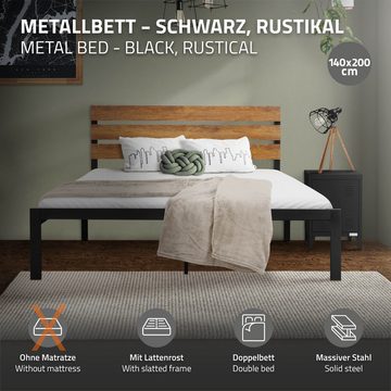 ML-DESIGN Metallbett Bett für Schlafzimmer mit Lattenrost und Holz-Kopfteil Rustikal, Gästebett 140x200 cm Schwarz-Braun Einzelbett Doppelbett