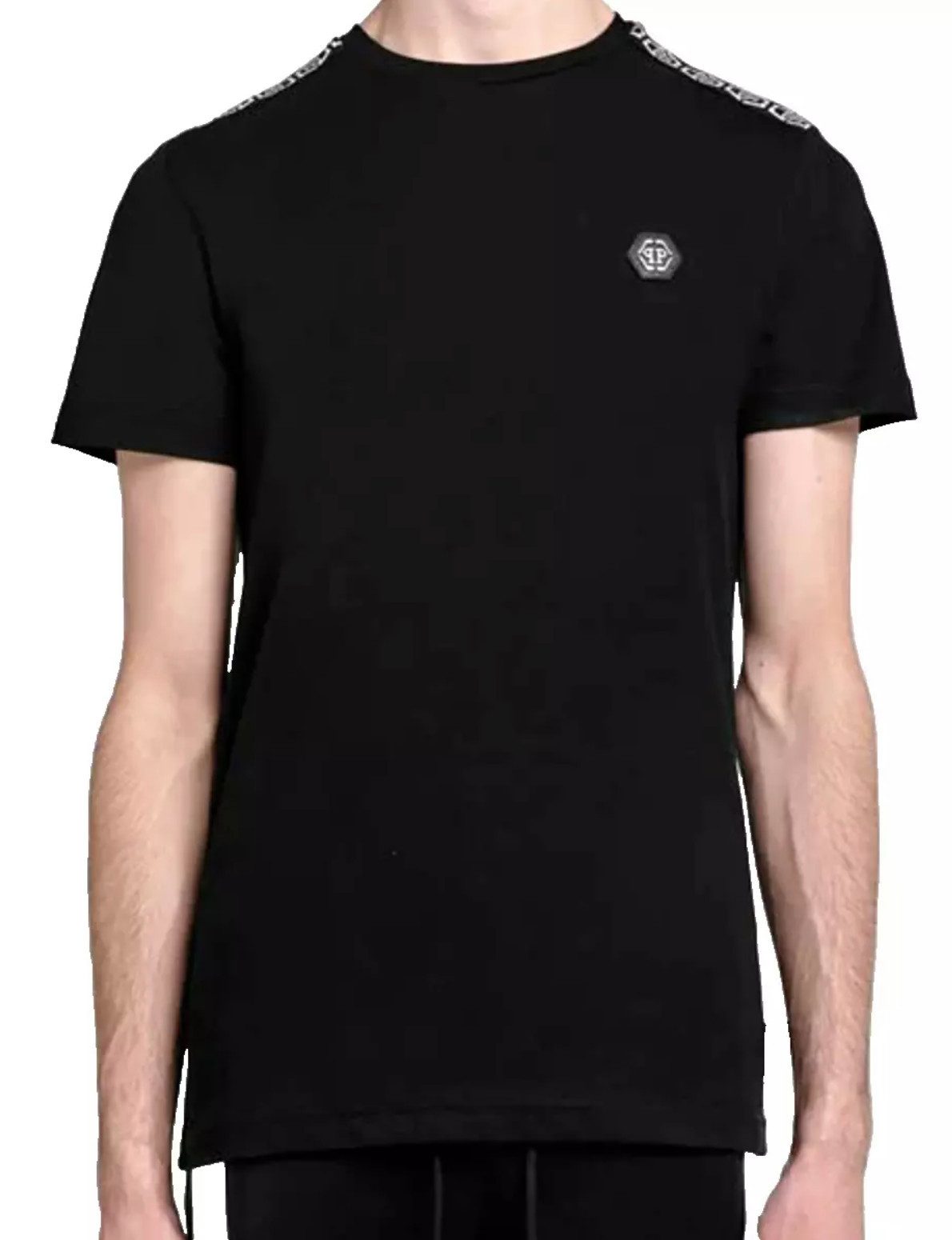 Philip Plein T-Shirt Main Line Logo Tape mit Streifen Tapes auf den Schultern, Hexagon-Logo, zweinadelige Nahtdetails