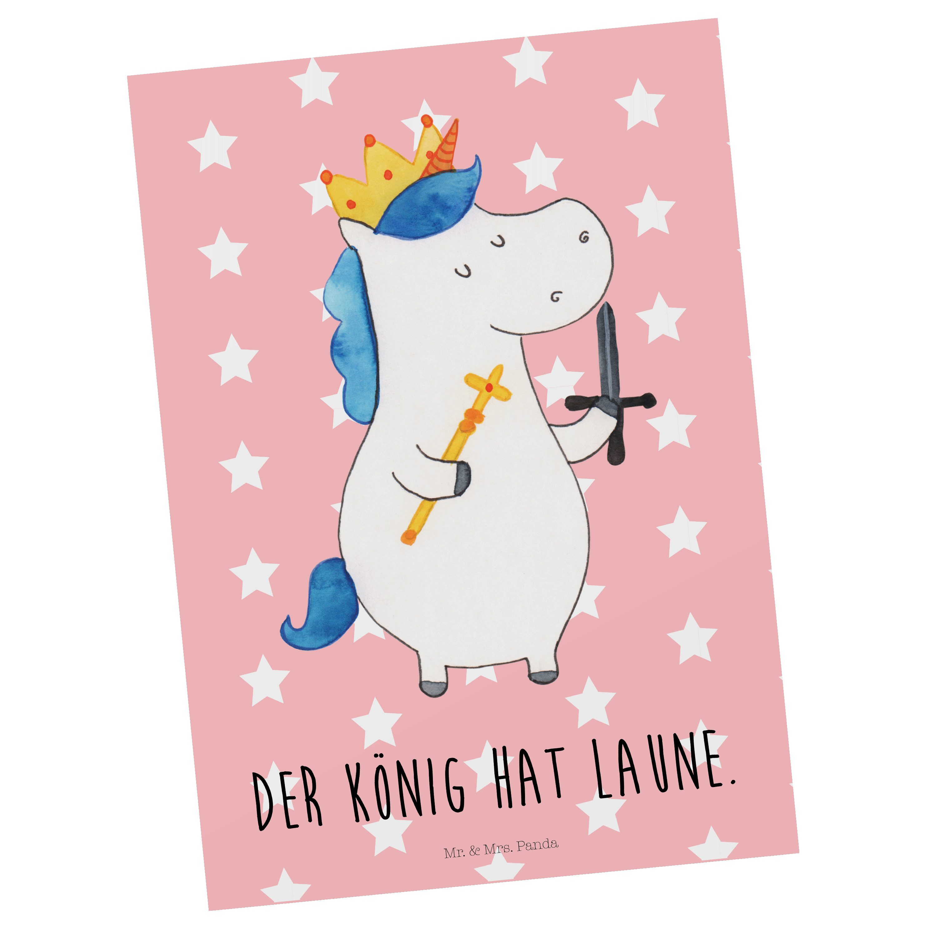 Mr. & Mrs. Panda Postkarte Einhorn König mit Schwert - Rot Pastell - Geschenk, Unicorn, Einladun