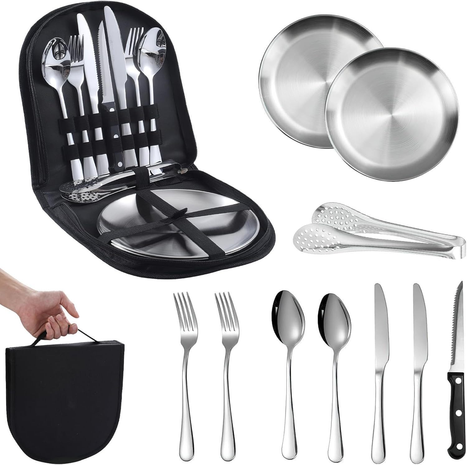Toomoke Besteck-Set Campingbesteck für 2 Personen, Reisebesteck, Campinggeschirr, Edelstahl-Outdoorbesteck mit Tellern, Messer, Gabel, Löffel und Etui