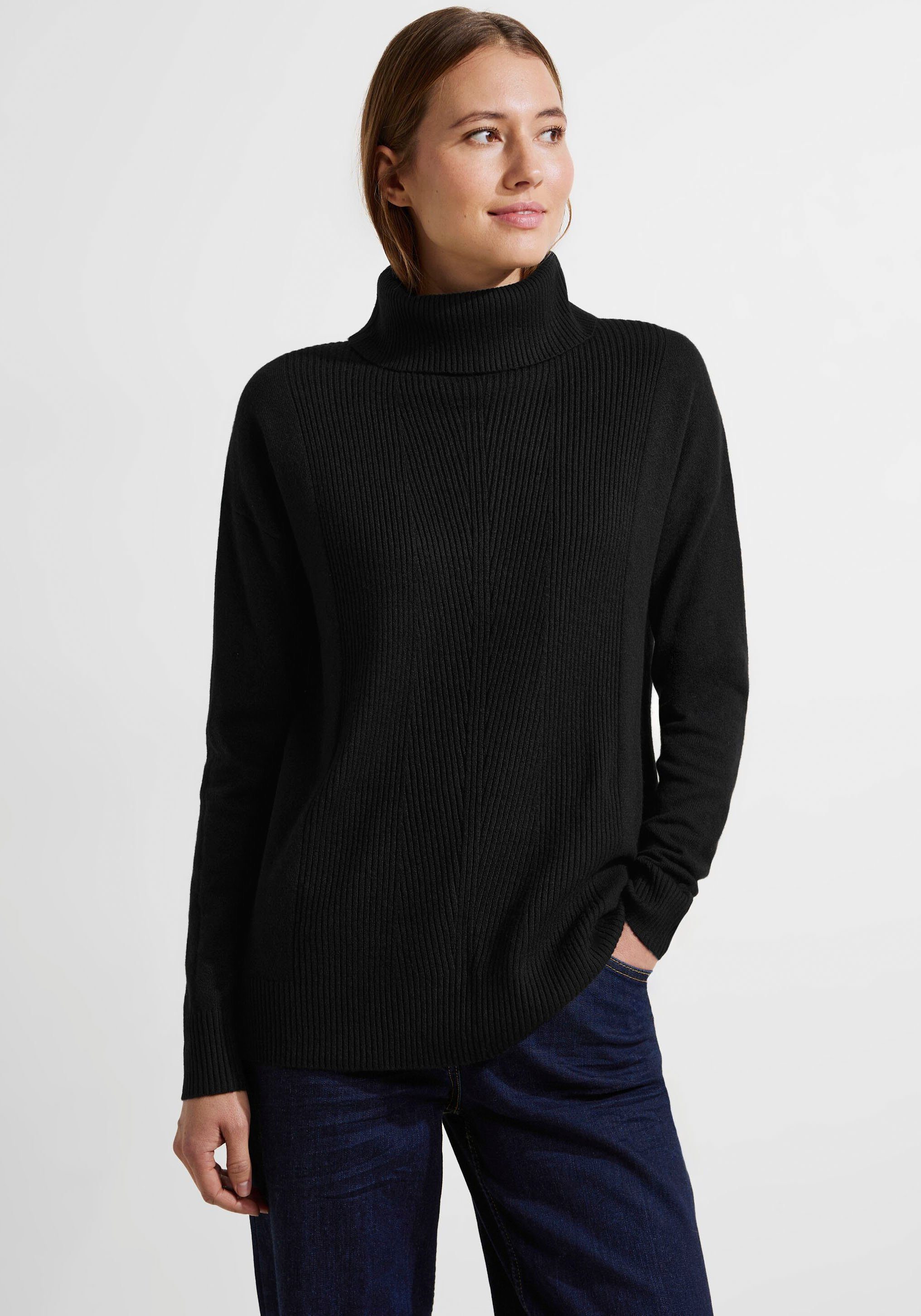 Cecil Rollkragenpullover Rippstrick-Muster mit black