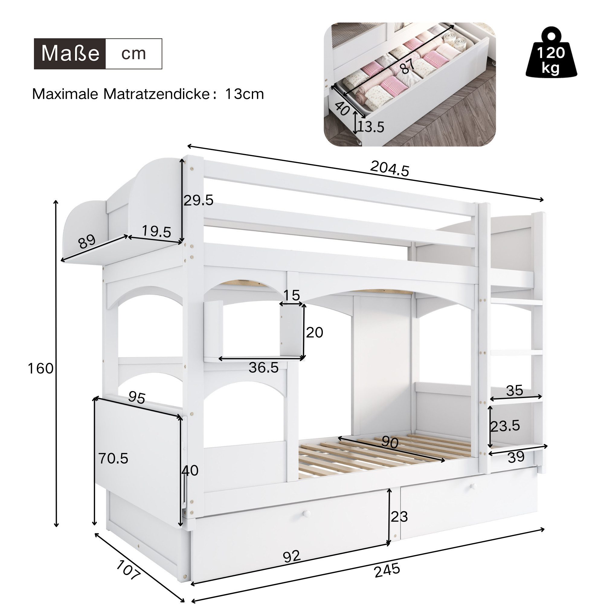 Flieks bunk bed, children's bed with fold-down desk, shelf, 2 drawers 90x200cm