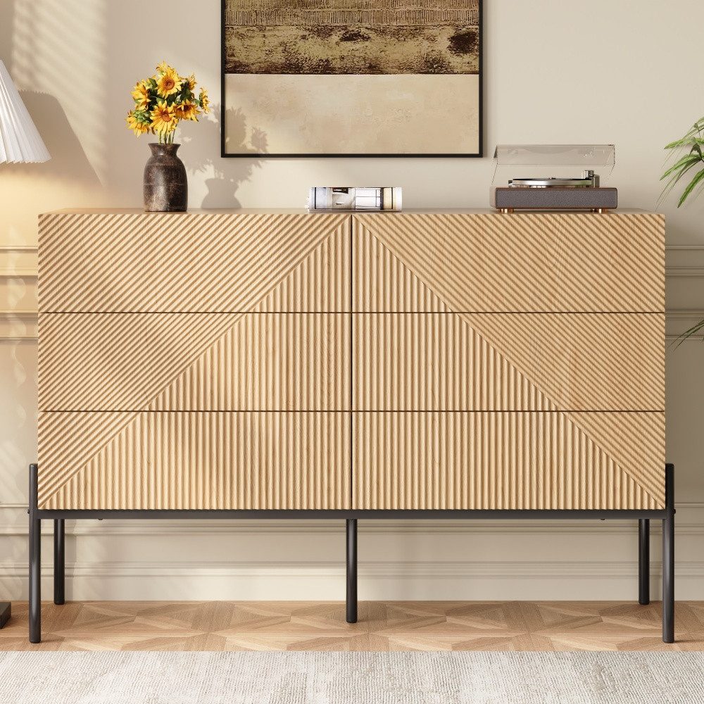 BBG Anrichte Sideboard mit 6 Schubladen, 3D-Front in Holzoptik (Aufbewahrungsschrank für Wohn- und Esszimmer), Kommode mit Metallbeinen, 115,5x38x75 cm