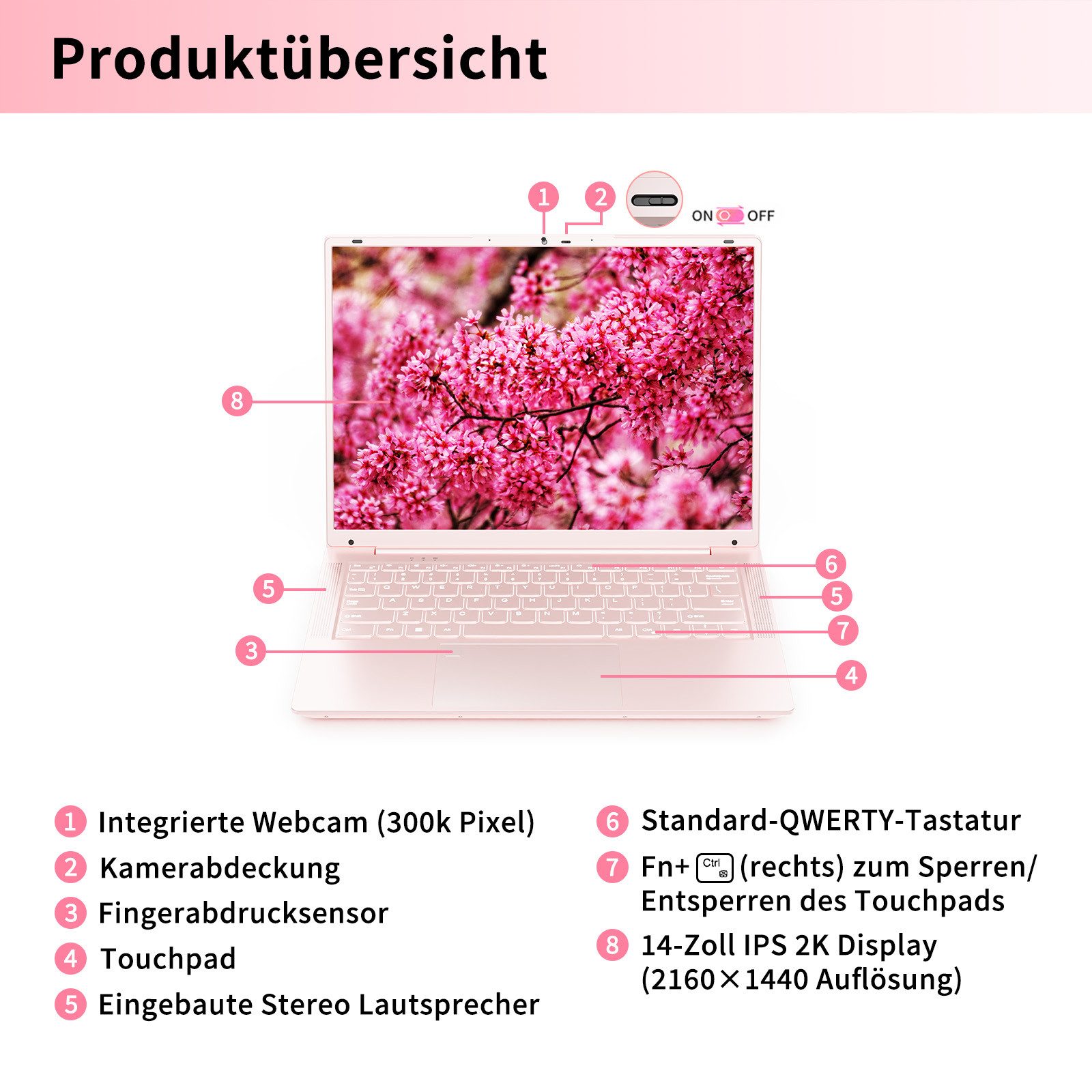 LONGEVINCE 14-Zoll-2K-IPS-Laptop mit Intel Celeron N5105, 16GB DDR4 Notebook (35,56 cm/14 Zoll, Intel Celeron N5105, Intel UHD Graphics, 16 GB, 512 GB SSD, Wind – Bild 4 von 5