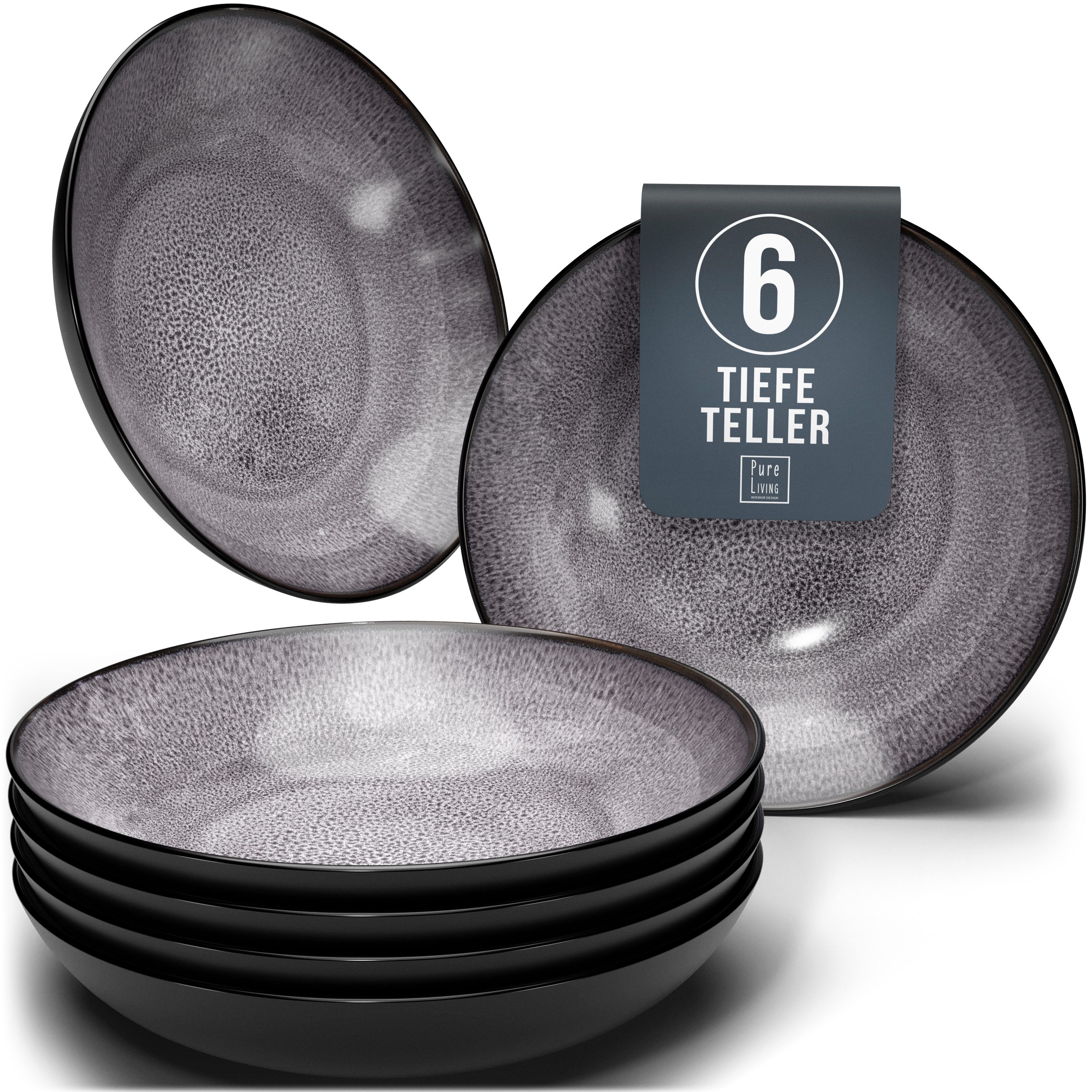 PURE LIVING INTERIOR DESIGN Geschirr-Set Ibiza, 6er-Set Suppenteller, 20 cm, Riffelstruktur, Grau (6-tlg), 6 Personen, Steingut