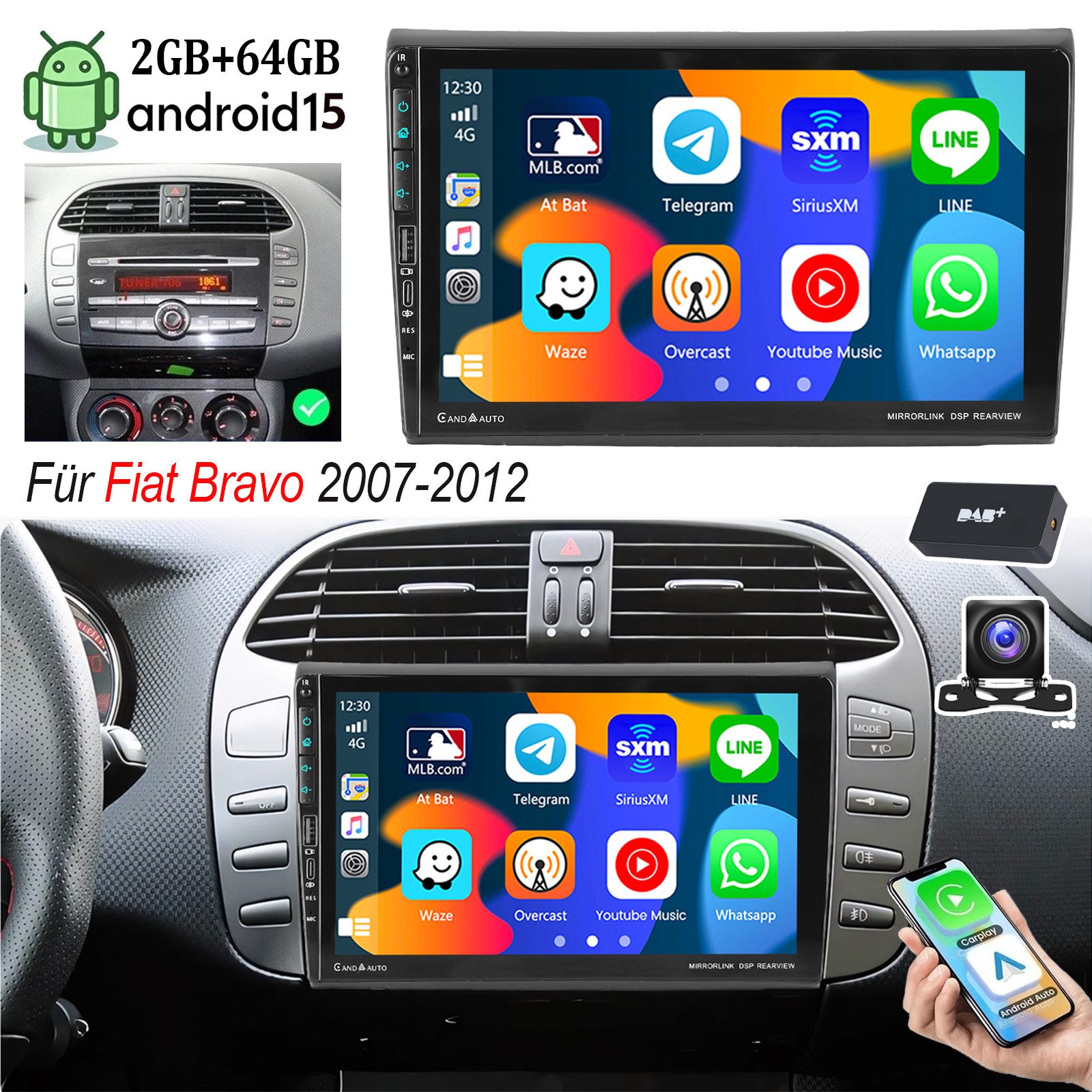 ESSGOO Autoradio Android15 Für Fiat Bravo 2007-12 CarPlay GPS USB- und Type-C Autoradio (RDS, 4+64GB(optional), Digitalradio (DAB), FM, USB- und Type-C, SWC, Apple Carplay Android Auto GPS Navi WIFI BT EQ mit USB- und Type-C)
