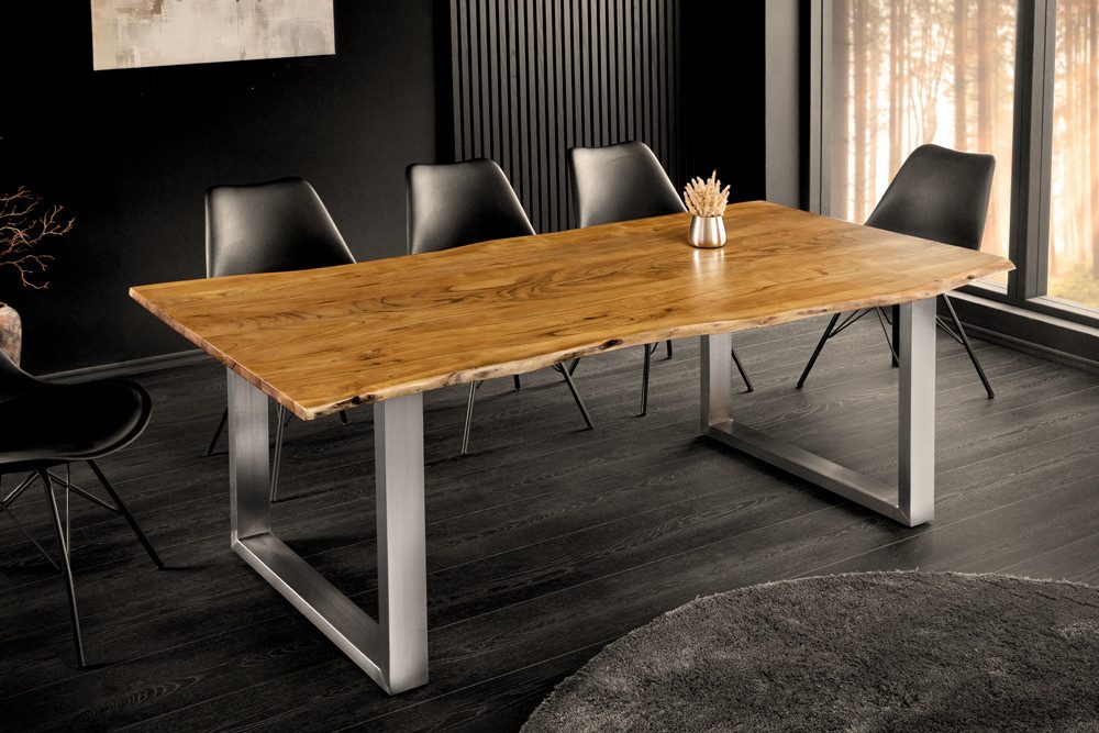 riess-ambiente Baumkantentisch MAMMUT 140cm braun/silber - Akazie, Massivholz, Edelstahl, U-Gestell (Einzelartikel, 1-St), Industrial Design & bis zu 6 Personen – ideal für Dein Loft-Esszimmer
