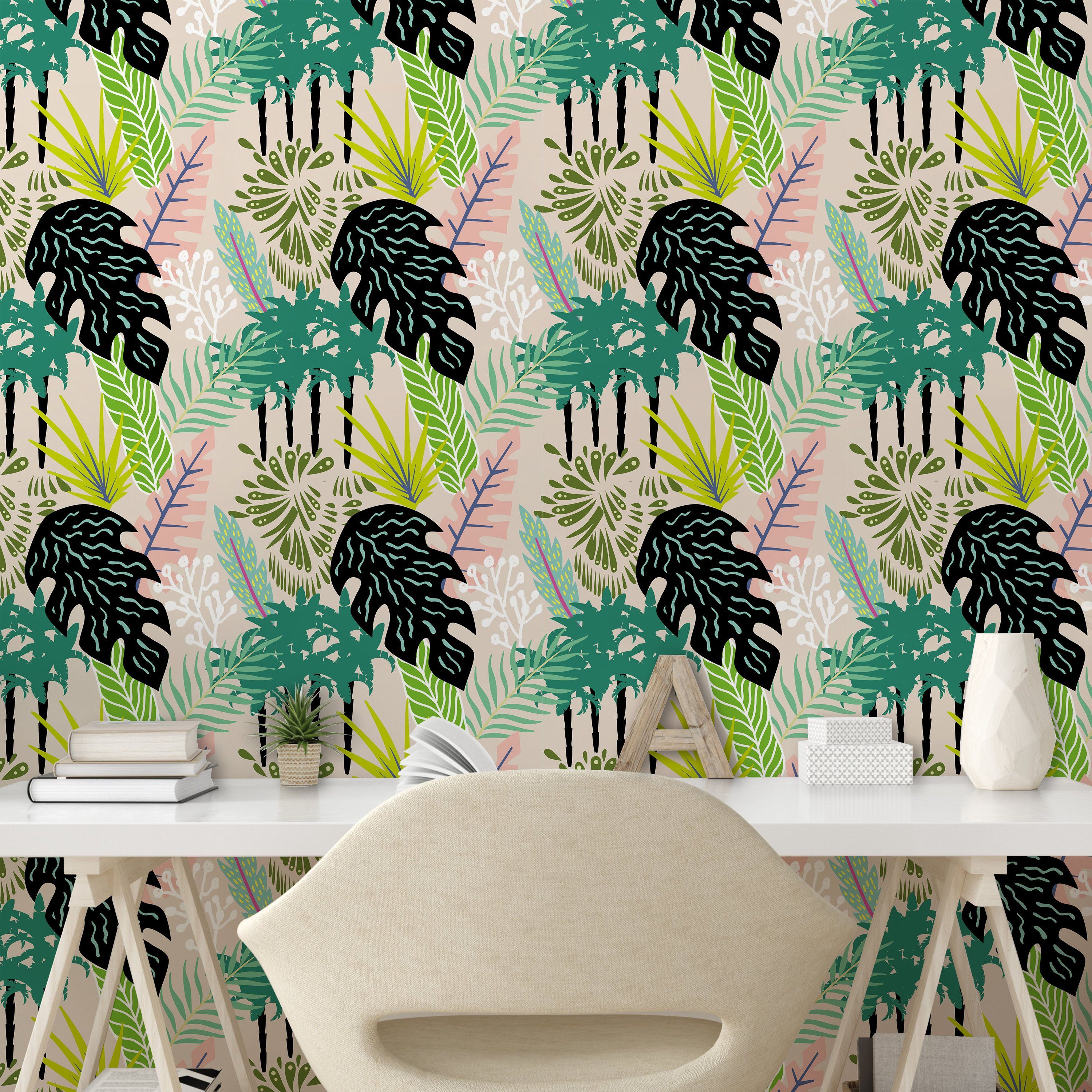 Abakuhaus Vinyltapete selbstklebendes Wohnzimmer Küchenakzent, Palmblätter Exotische Botanisch