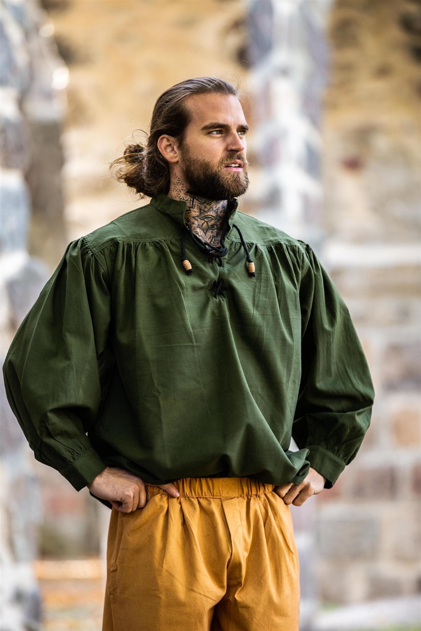 Leonardo Carbone Ritter-Kostüm Hemd "Ludwig" mit Stehkragen, Korderschnur-Verschluss, Holzknöpfe